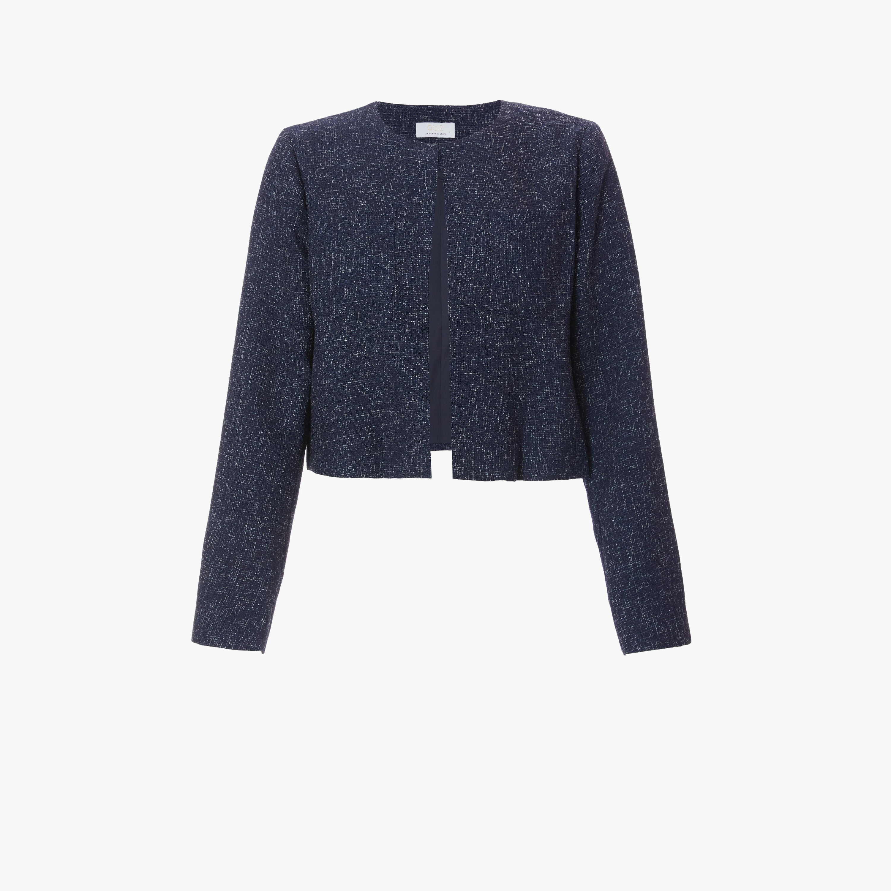Quiz Navy Boucle Collarless Cropped Jacket-women-winterwear-coatsandjackets-jackets-image-4