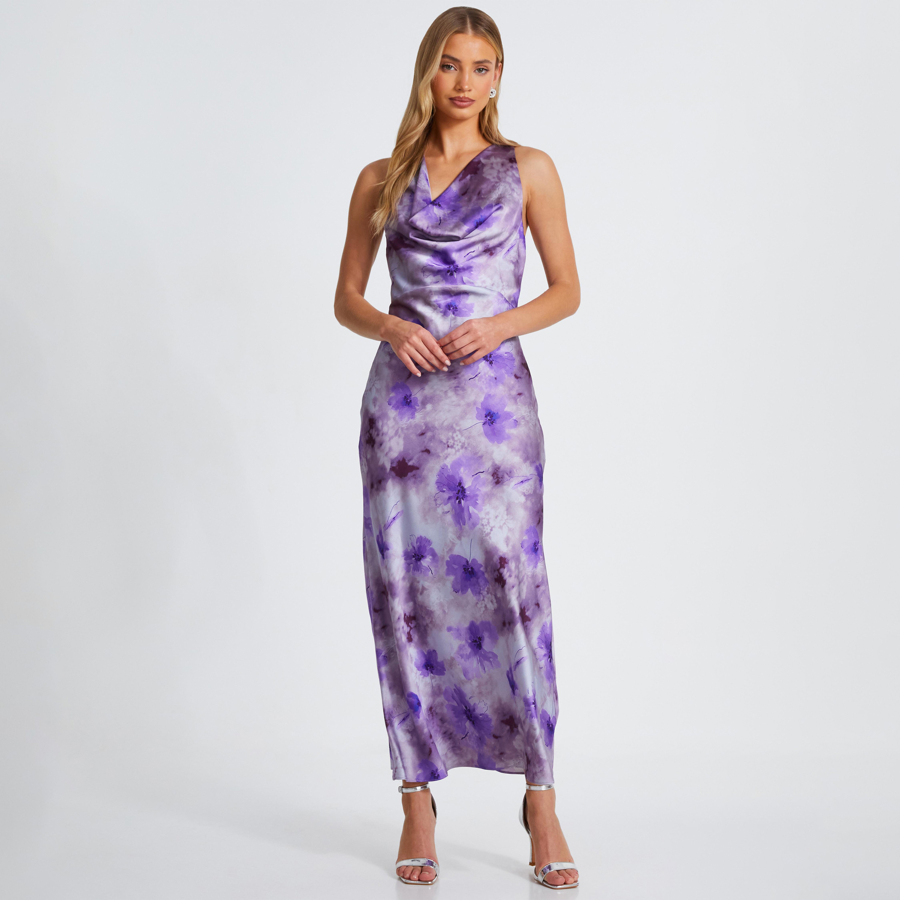 كويز-  فستان ميداكسي (بطول متوسط) من الساتان المزهر باللون الليلكي-women-clothing-dresses-image-1