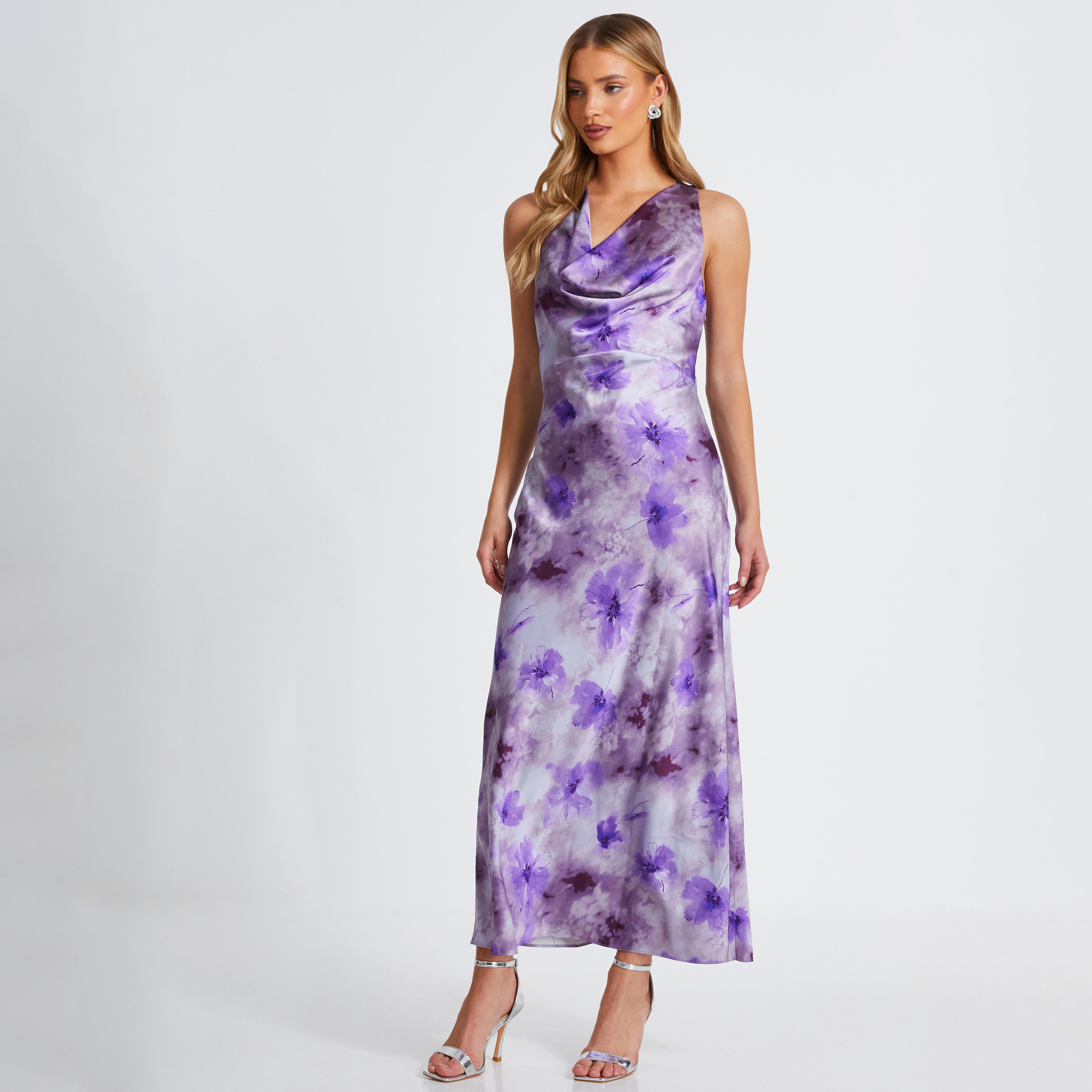 كويز-  فستان ميداكسي (بطول متوسط) من الساتان المزهر باللون الليلكي-women-clothing-dresses-image-2