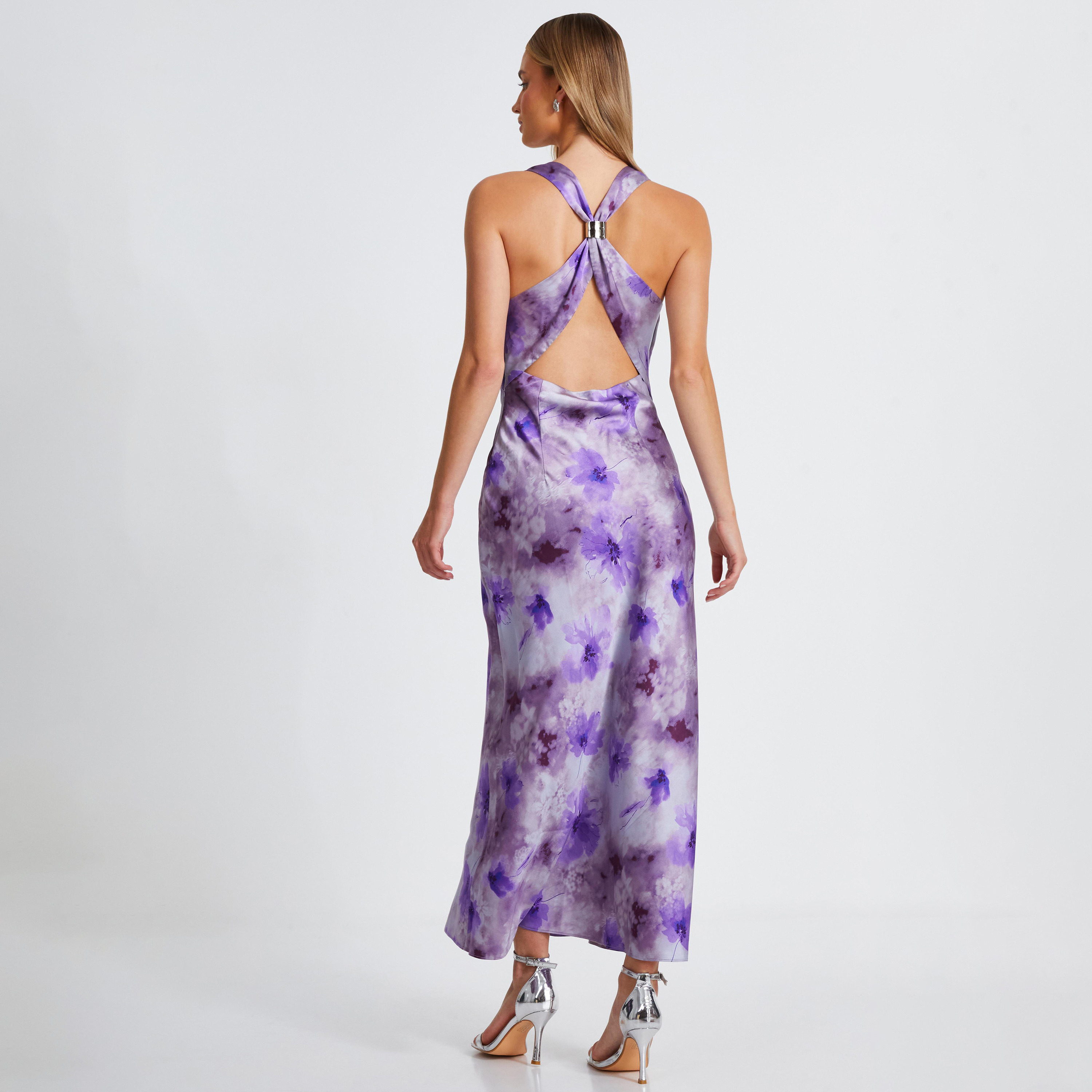 Quiz Lilac Floral Satin Trim Detail Cowl Evening Wear Women Midaxi Dress-women-clothing-dresses-image-3
