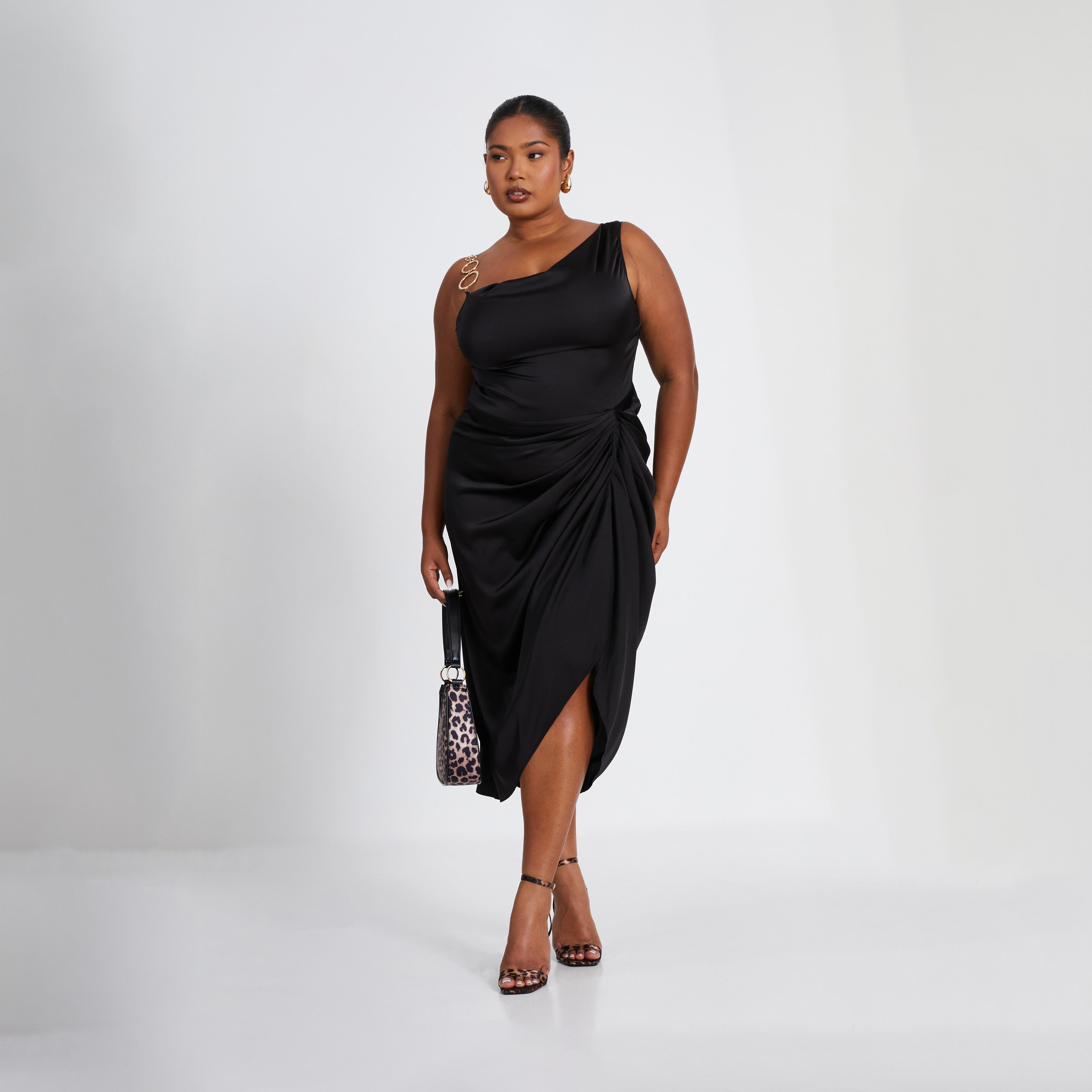 Quiz Black Curve Asymmetric Cowl Ruched Midi Evening Dress-women-clothing-dresses-image-1