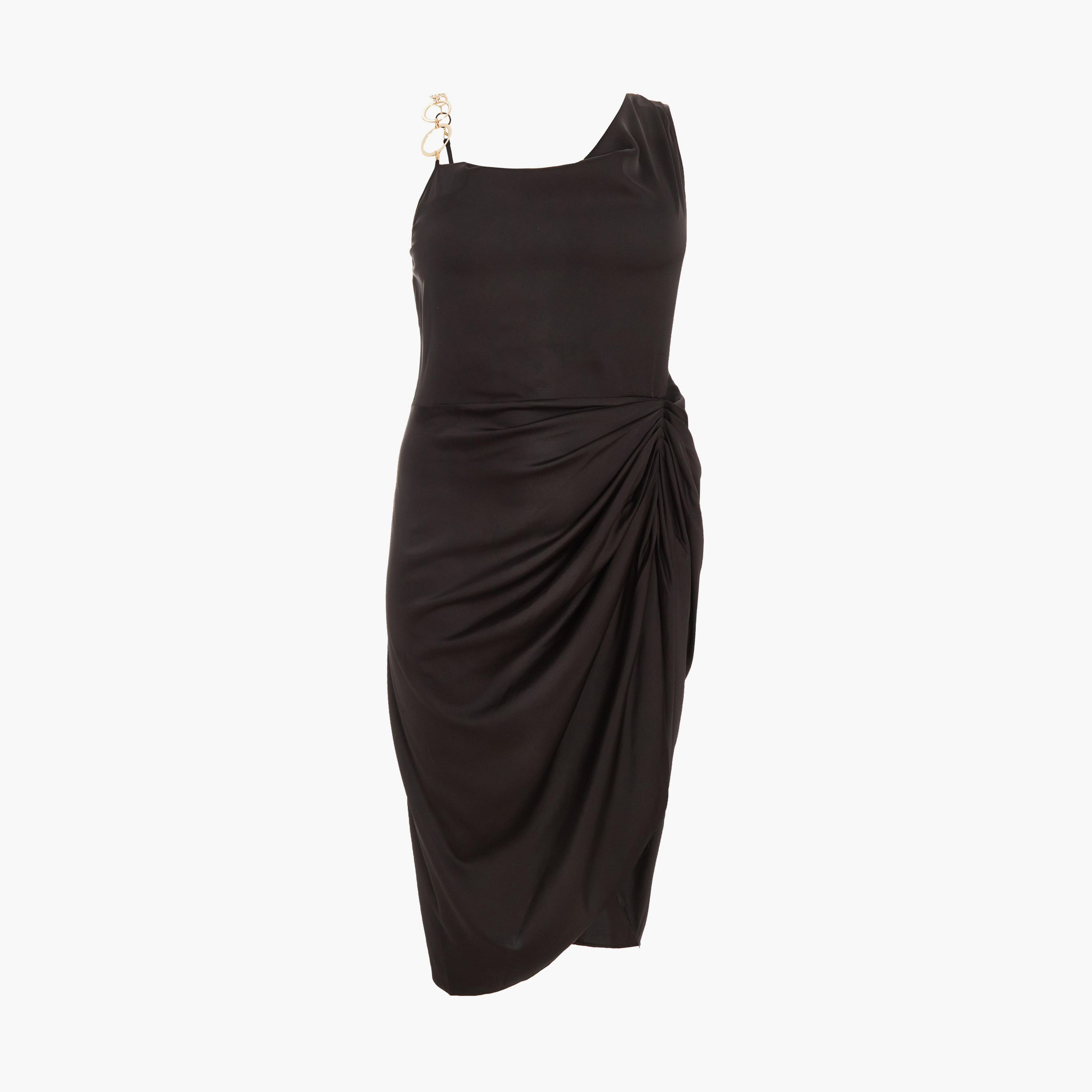 كويز-  فستان سهرة أسود غير متماثل وكشكشة من الترتر وفتحة رقبة مدورة-women-clothing-dresses-image-5
