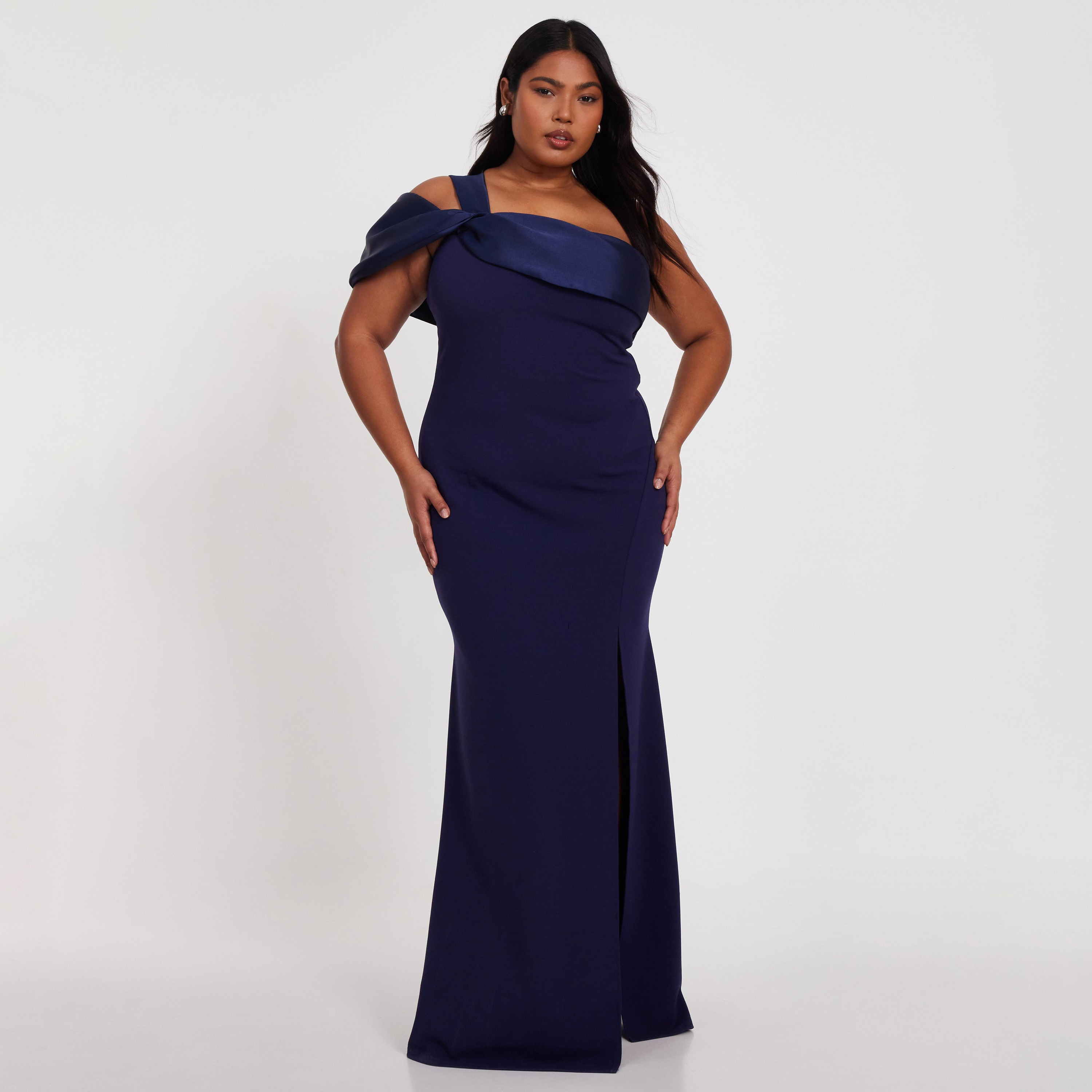 Quiz Plus Size Navy Blue Scuba Crepe One Shoulder Satin Slit Women's Evening Maxi Dress-women-clothing-dresses-image-1