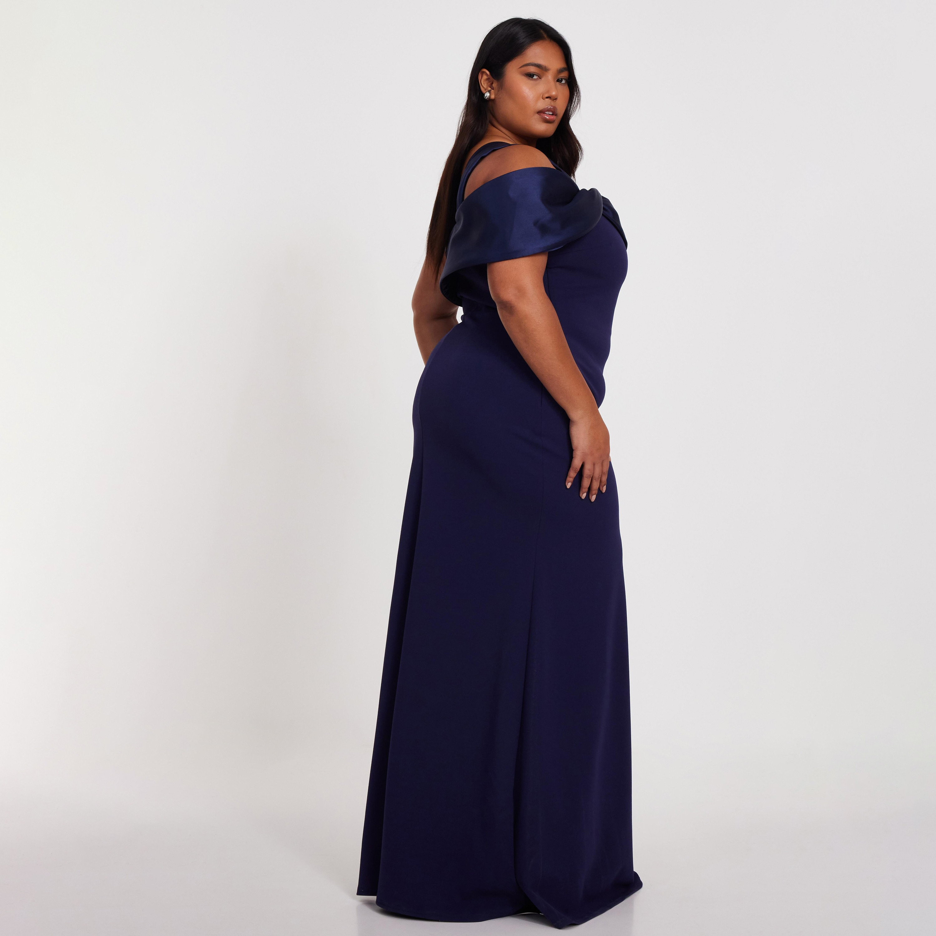 Quiz Plus Size Navy Blue Scuba Crepe One Shoulder Satin Slit Women's Evening Maxi Dress-women-clothing-dresses-image-3