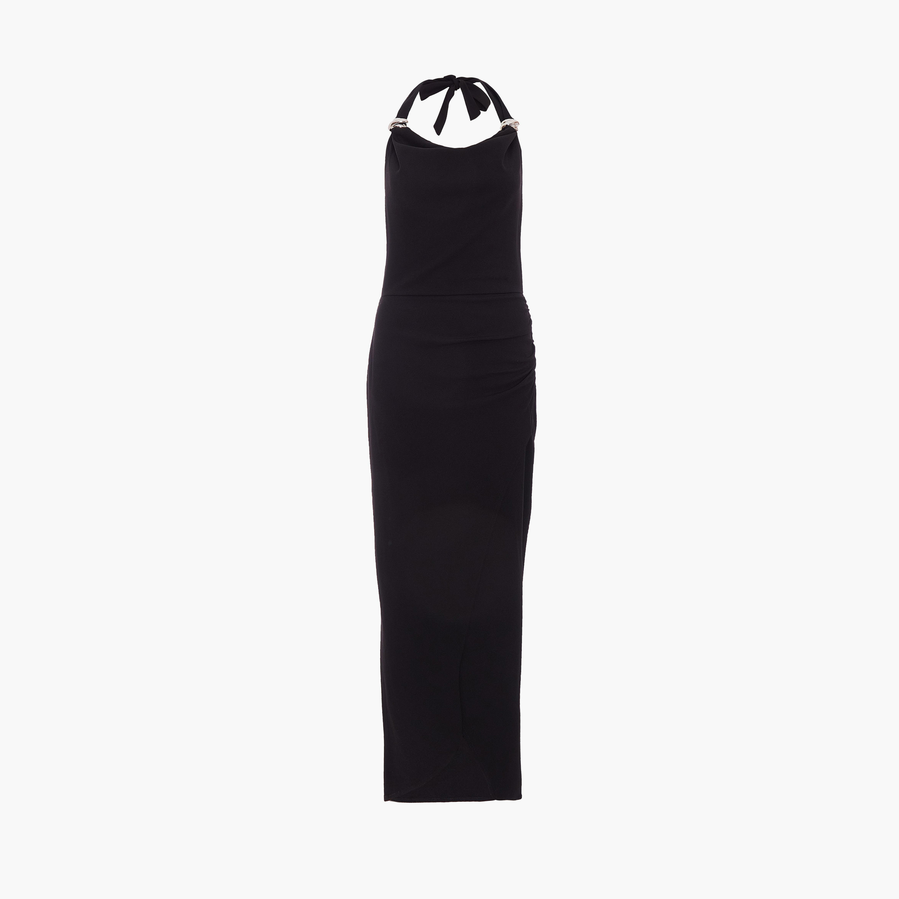 كويز-  فستان ماكسي أسود من قماش الكريب سكوبا مع إبزيم وياقة بدون أكمام-women-clothing-dresses-image-5