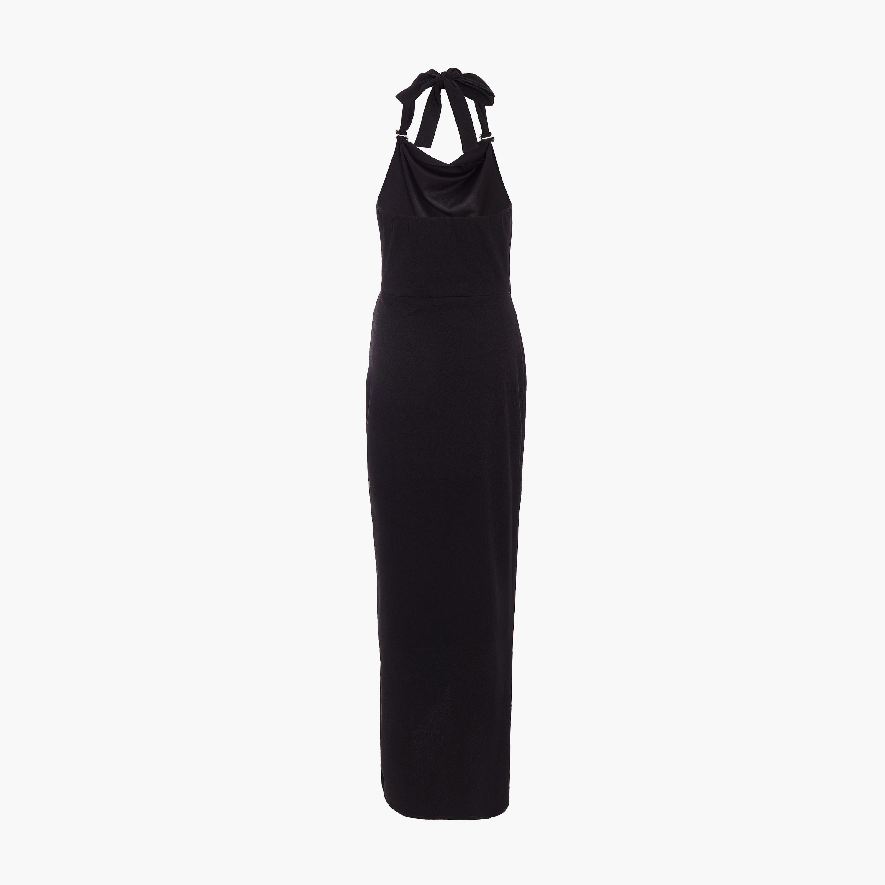 كويز-  فستان ماكسي أسود من قماش الكريب سكوبا مع إبزيم وياقة بدون أكمام-women-clothing-dresses-image-6