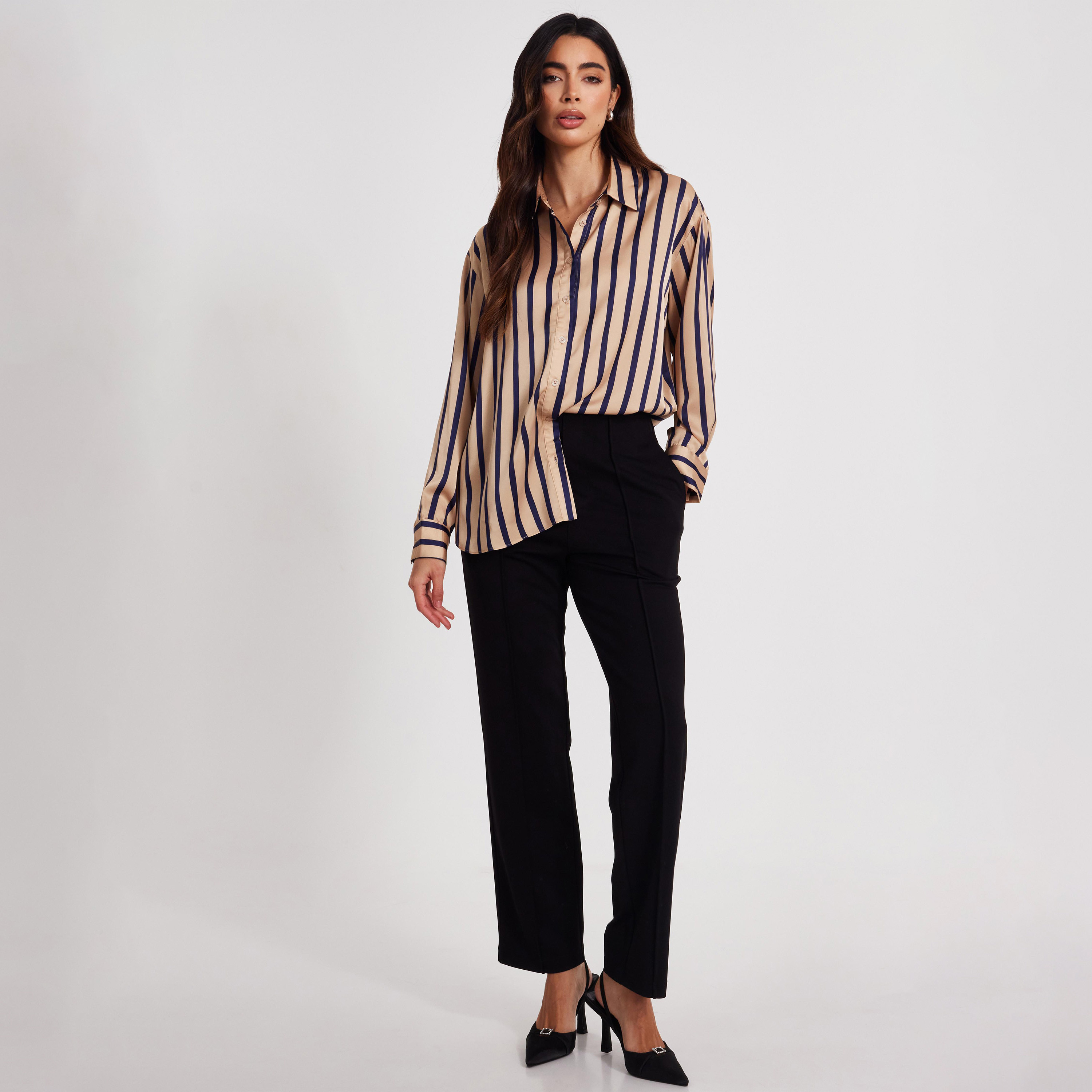 Quiz Stone Satin Stripe Long Sleeve Shirt-women-clothing-shirtsandblouses-shirts-image-2