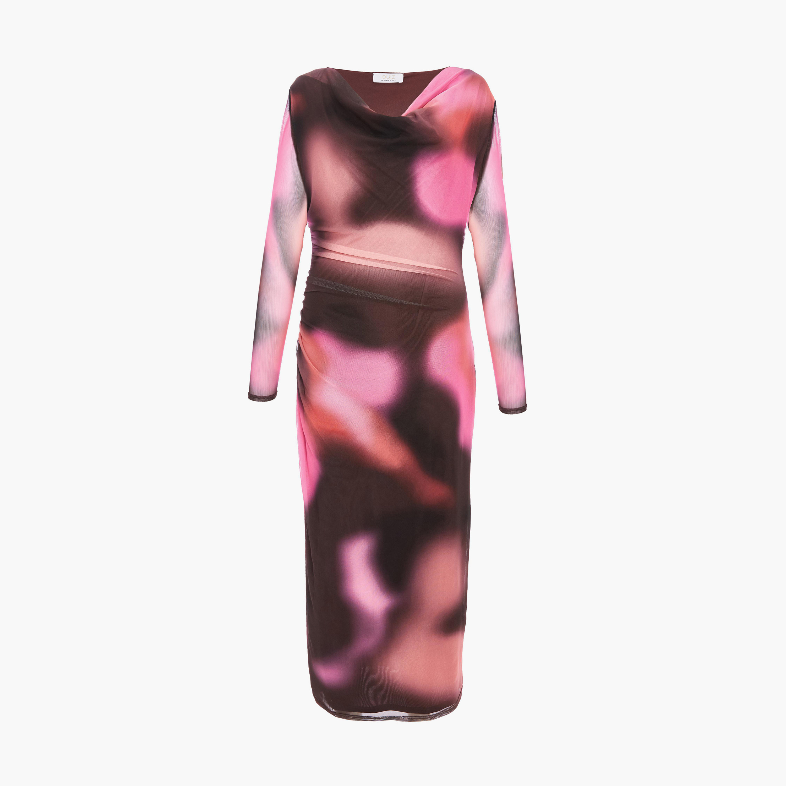 كويز-  فستان سهرة بني متوس الطول شبكي ورقبة مقصوصة وأكمام طويلة-women-clothing-dresses-image-5