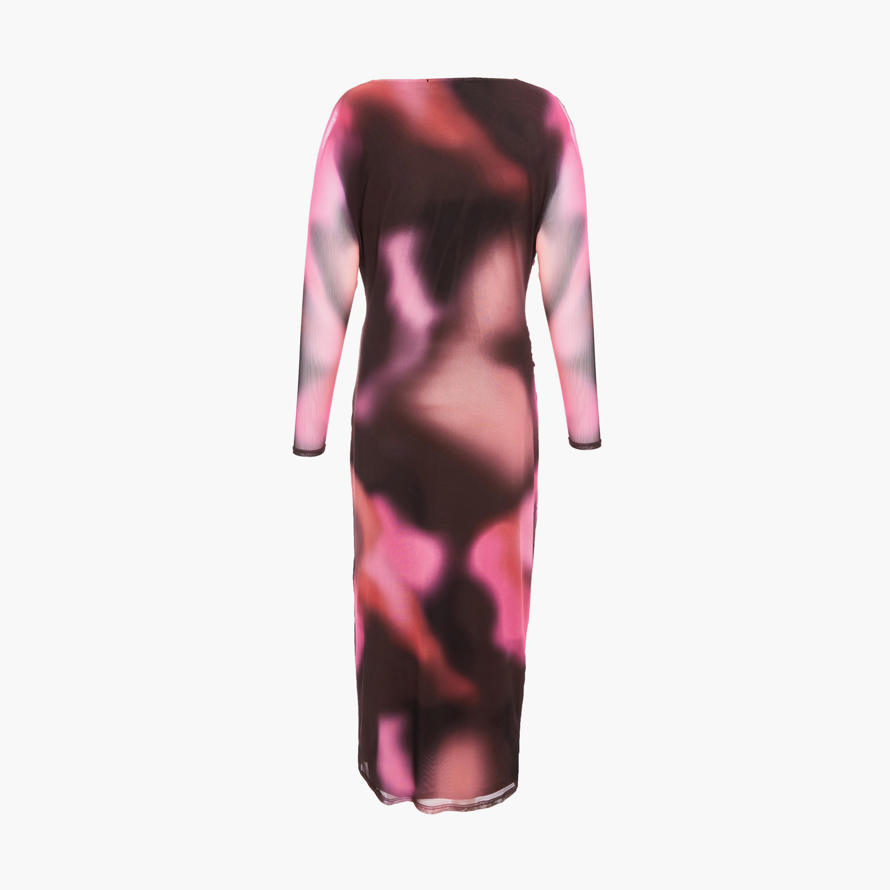 كويز-  فستان سهرة بني متوس الطول شبكي ورقبة مقصوصة وأكمام طويلة-women-clothing-dresses-image-6