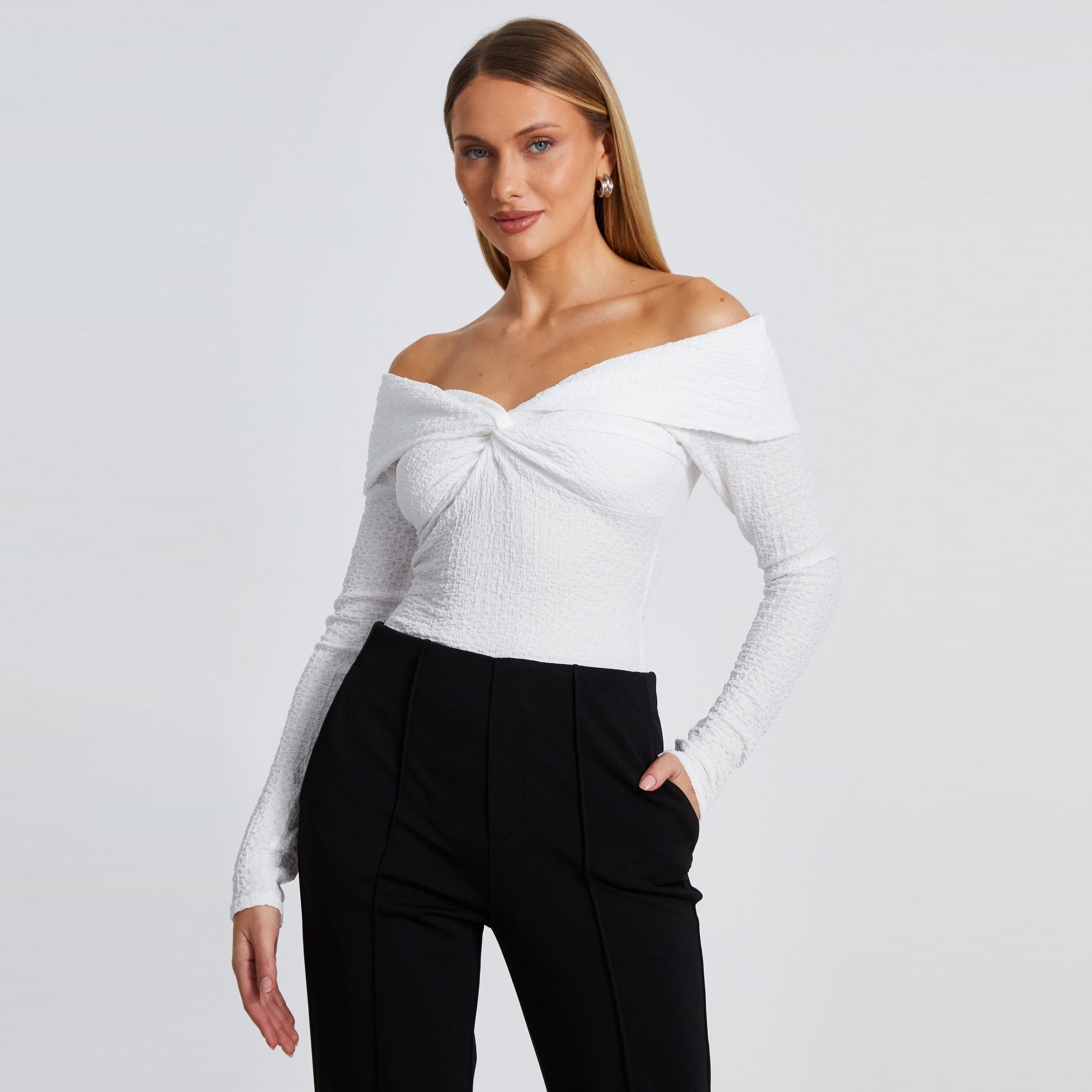 Quiz Cream Textured Twist Detail Bardot Top-women-clothing-shirtsandblouses-blouses-image-1