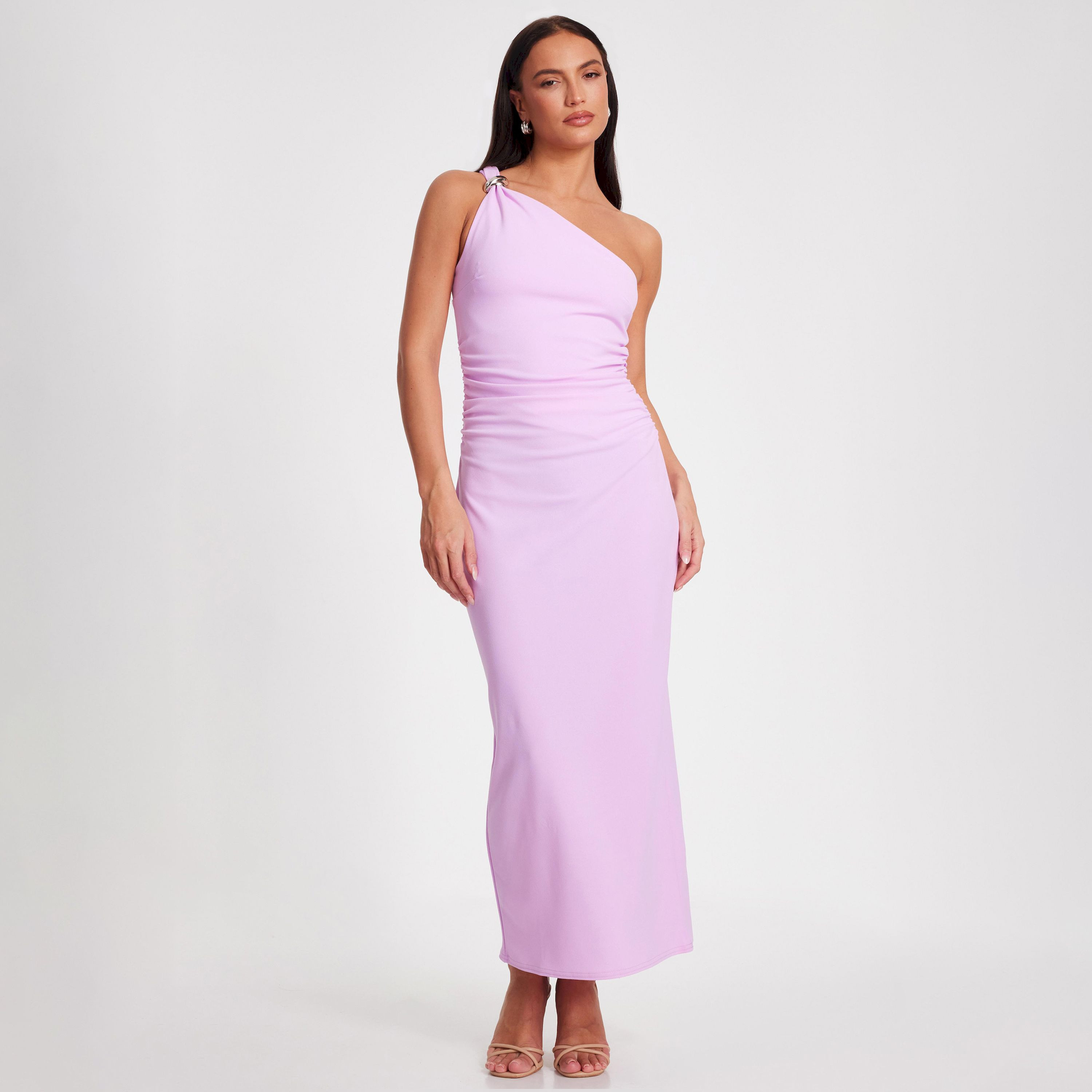 كويز-  فستان ماكسي أرجواني من قماش سكوبا كريب بكتف واحد وبتفاصيل مشبك-women-clothing-dresses-image-1