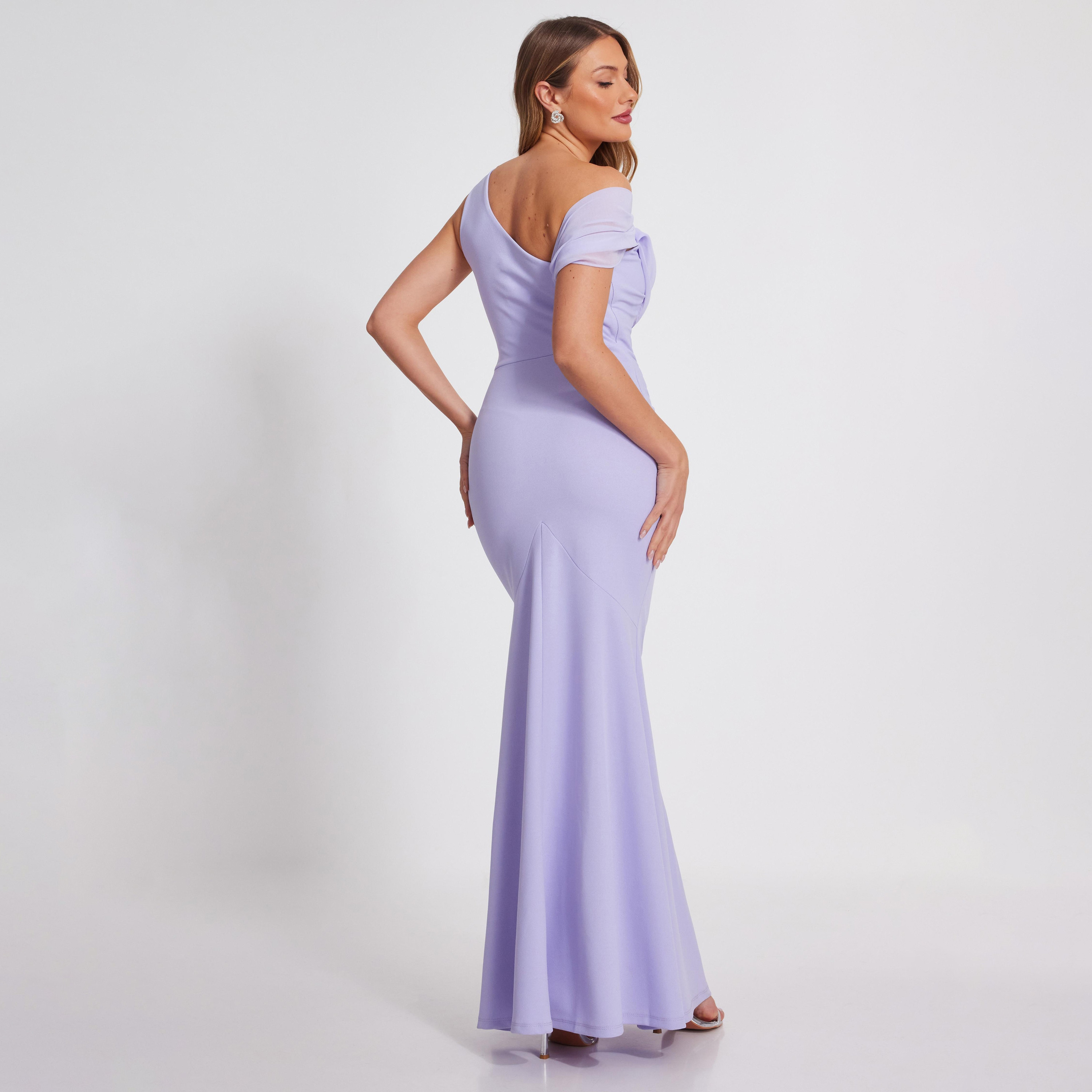 كويز-  فستان ماكسي ليلكي قماش كريب سكوبا ورقبة عالية  وطيات-women-clothing-dresses-image-3