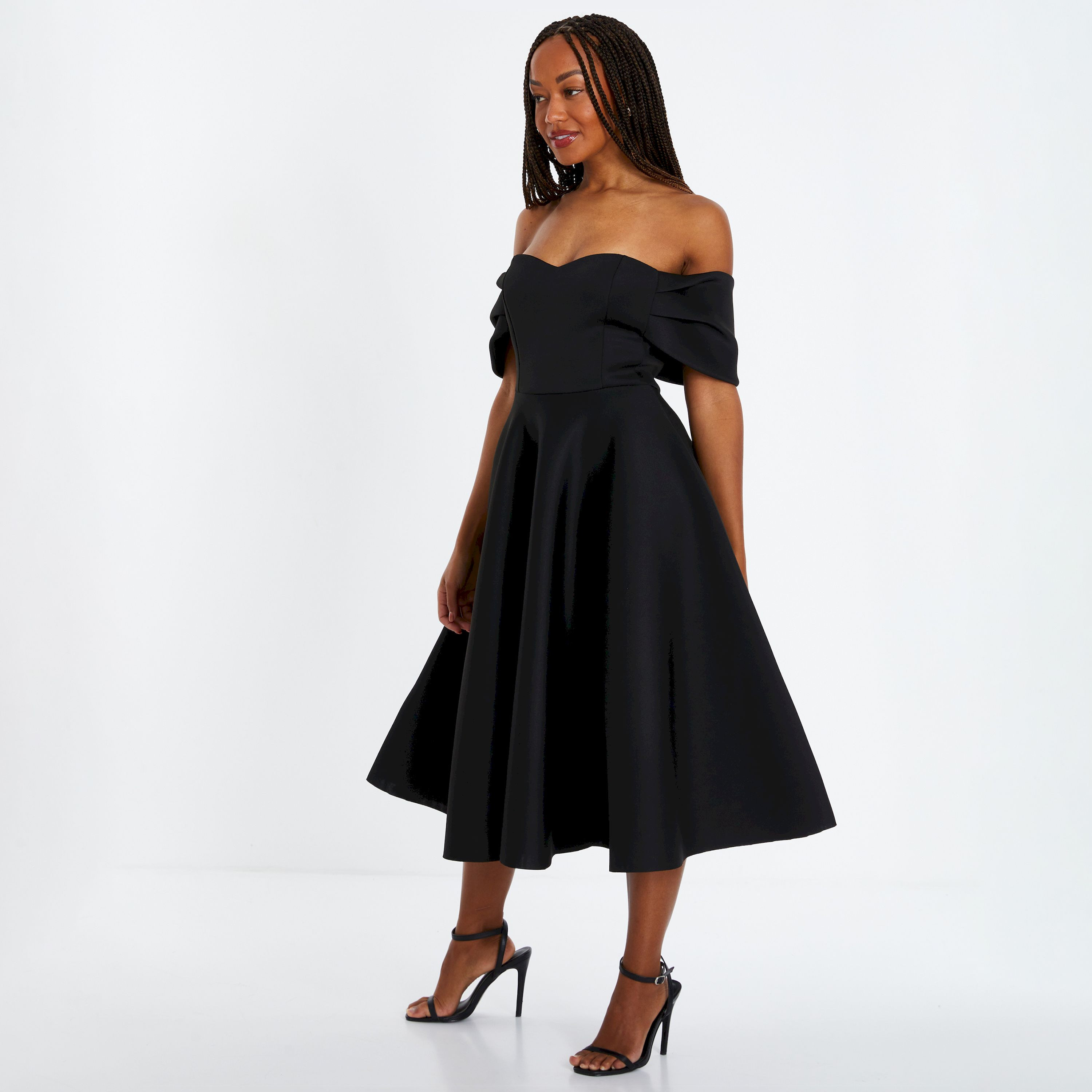 Quiz Black Bonded Scuba Pleat Bardot Women's Evening Wear Midi Skater Dress-women-clothing-dresses-image-2