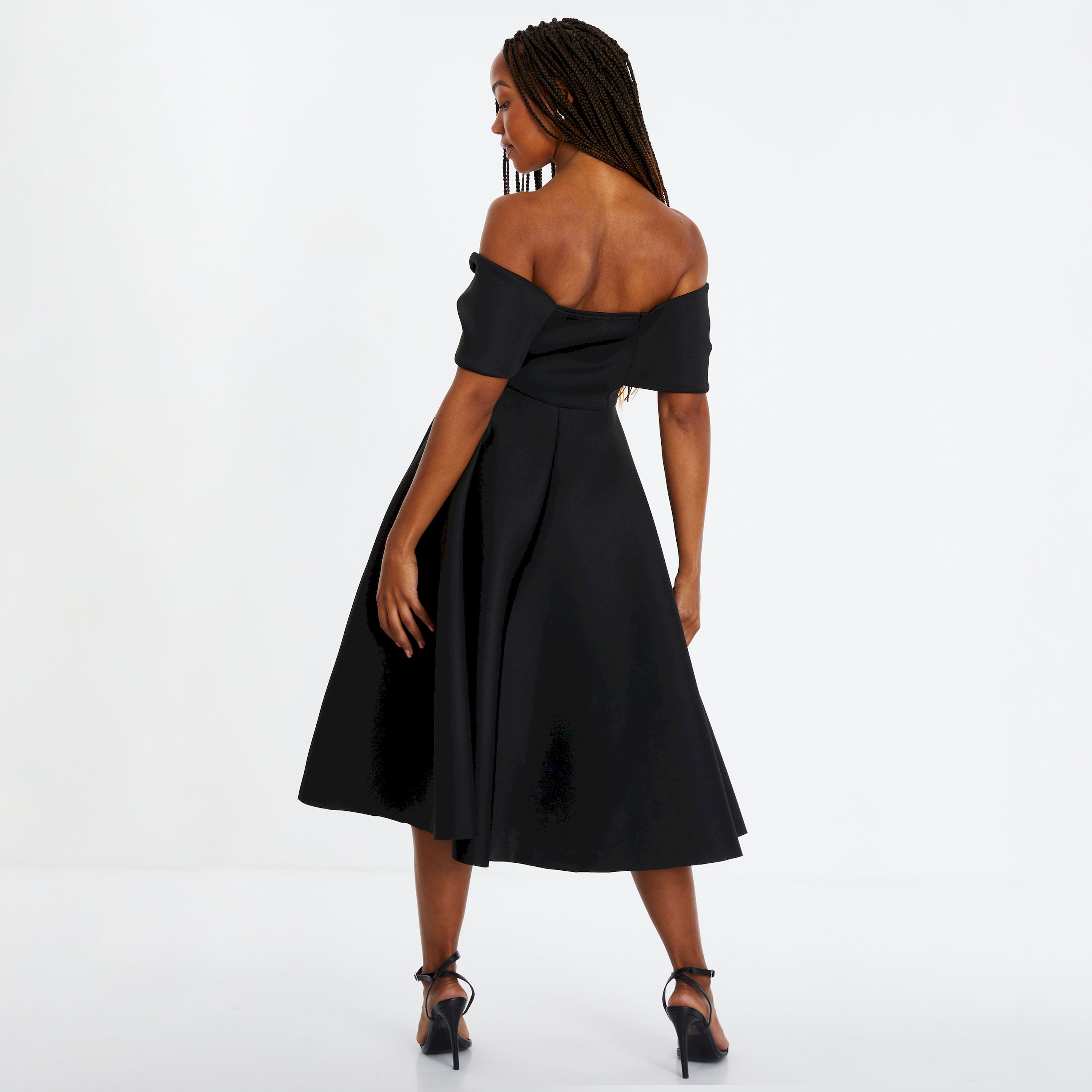 Quiz Black Bonded Scuba Pleat Bardot Women's Evening Wear Midi Skater Dress-women-clothing-dresses-image-3
