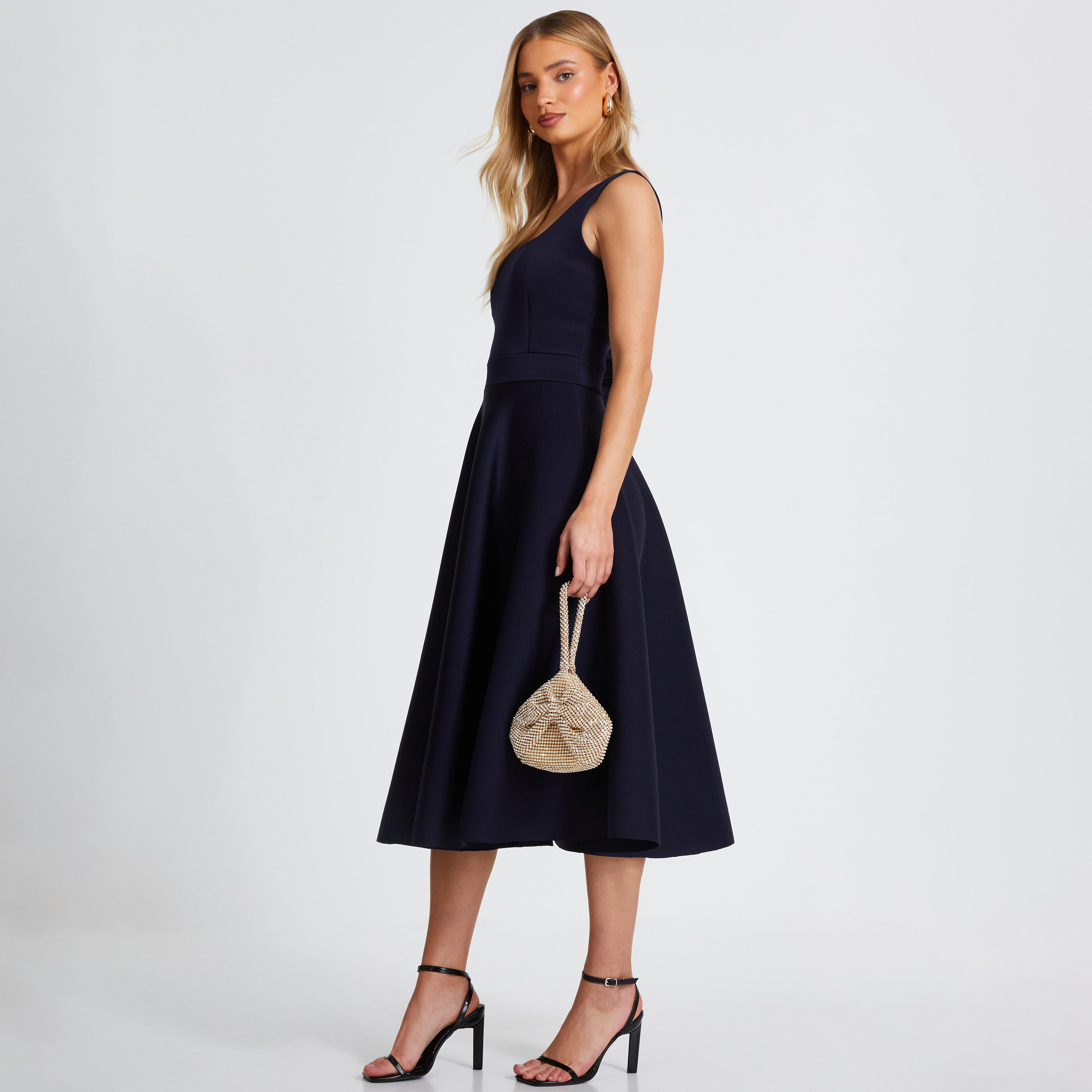 Quiz Navy Scuba Foam Square Neck Women Skater Dress-women-clothing-dresses-image-2