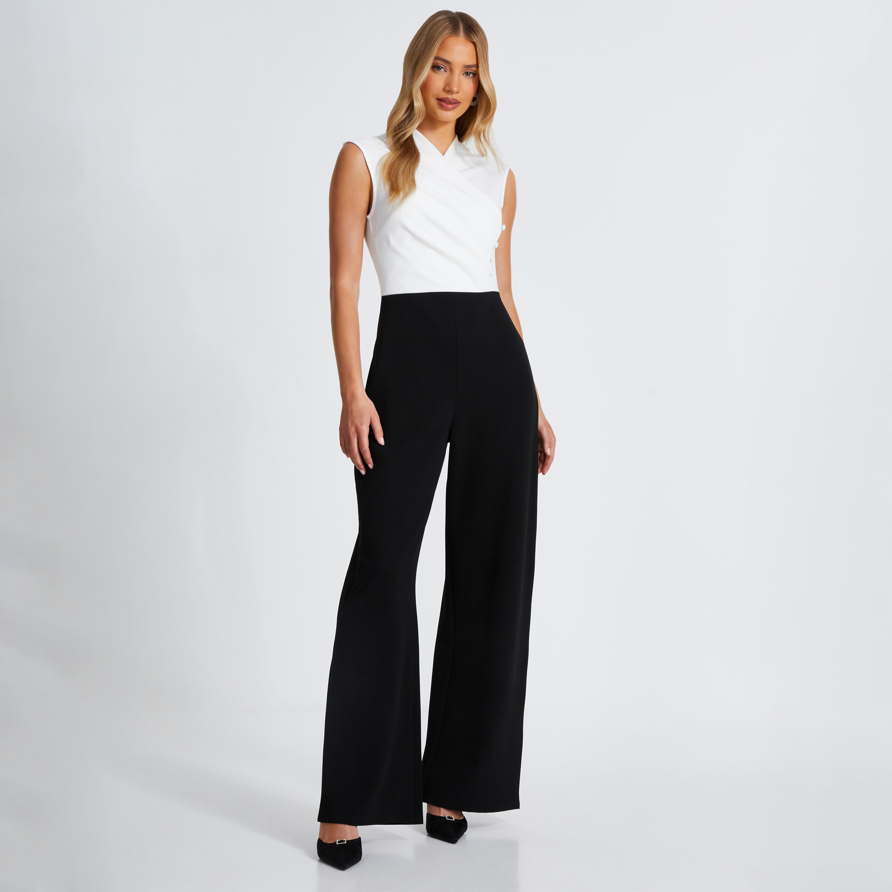 Quiz Black Scuba Crepe Contrast Women Jumpsuit With Button Detail-women-clothing-jumpsuits-image-1