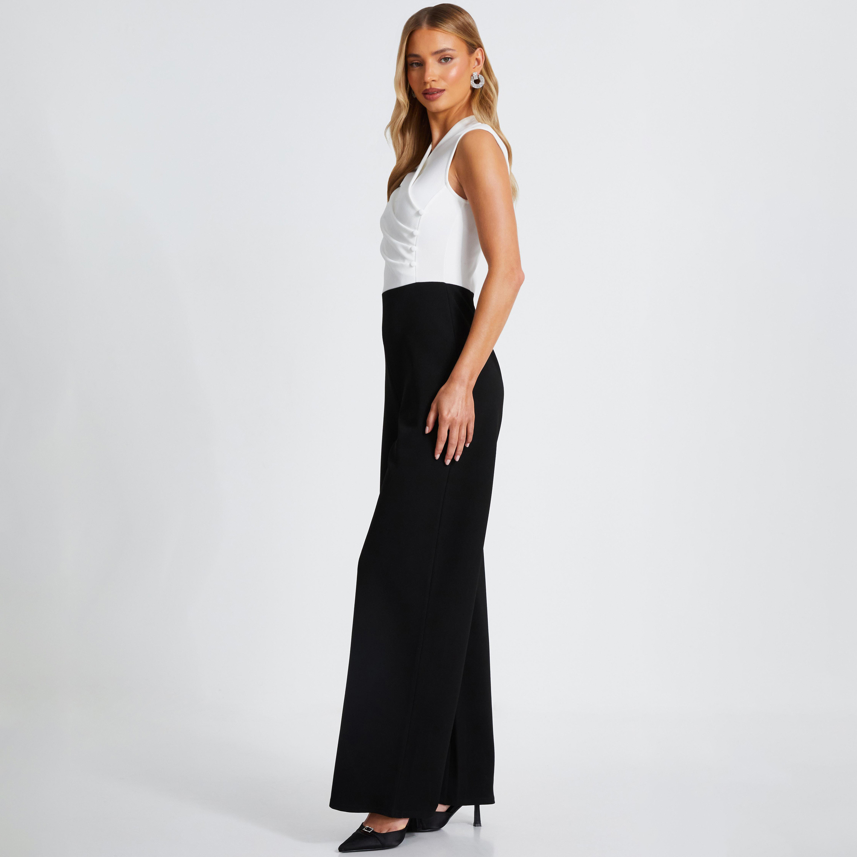 Quiz Black Scuba Crepe Contrast Women Jumpsuit With Button Detail-women-clothing-jumpsuits-image-2