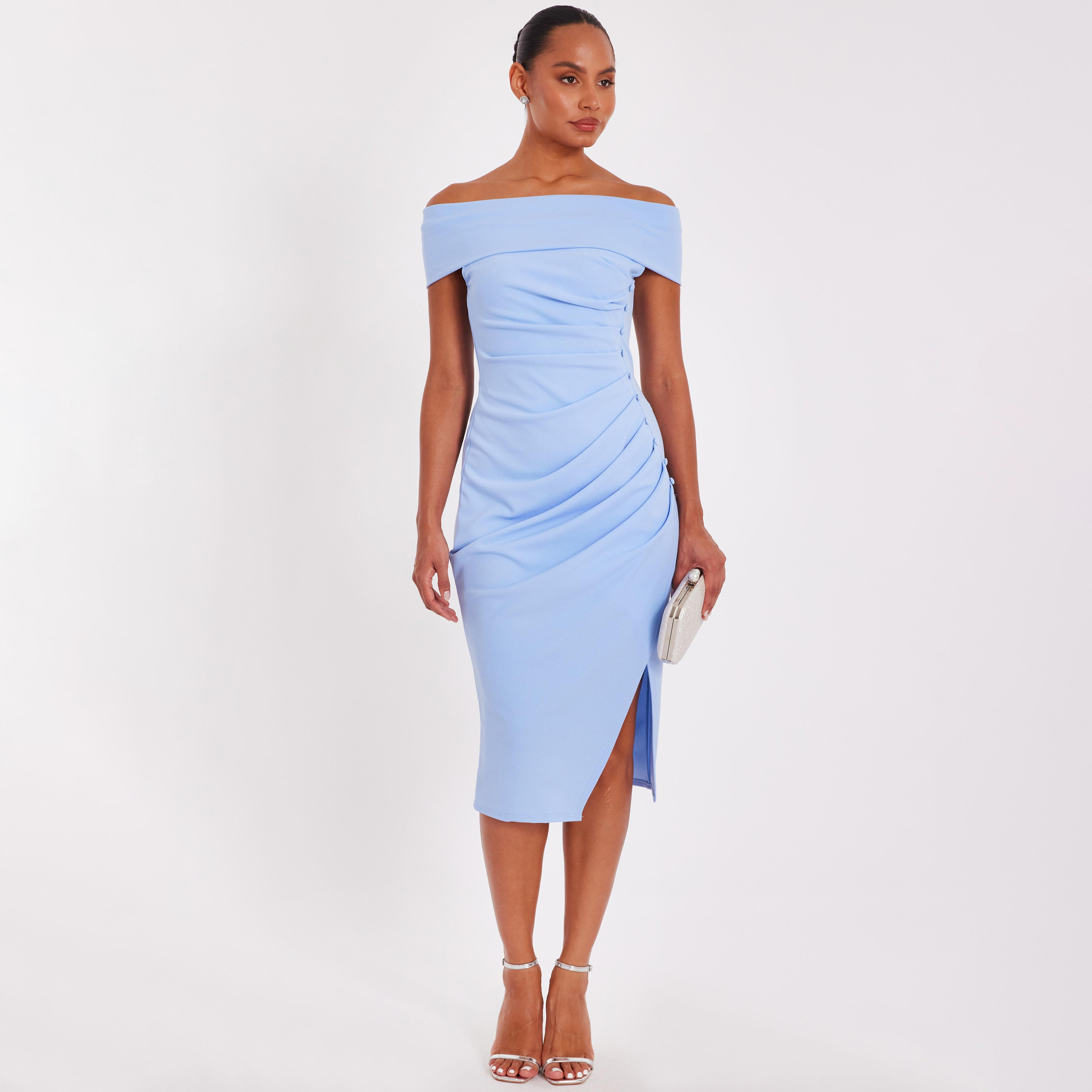 Quiz Ruched Scuba Crepe Bardot Neck Bodycon Pale Blue Women's Evening Midi Dress-women-clothing-dresses-image-1