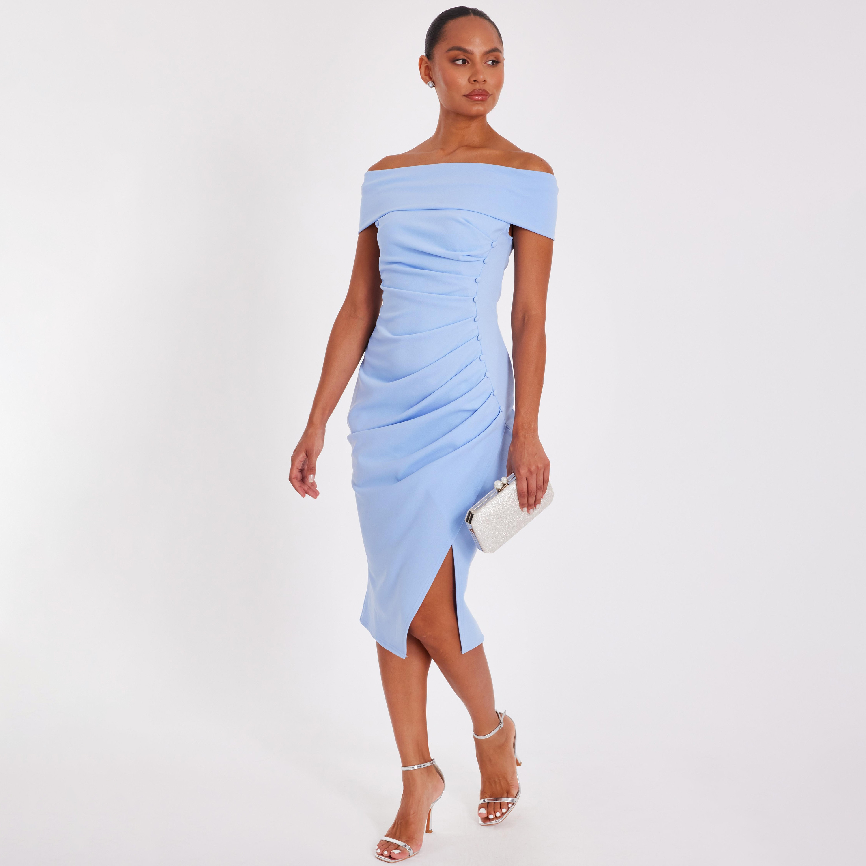 Quiz Ruched Scuba Crepe Bardot Neck Bodycon Pale Blue Women's Evening Midi Dress-women-clothing-dresses-image-2