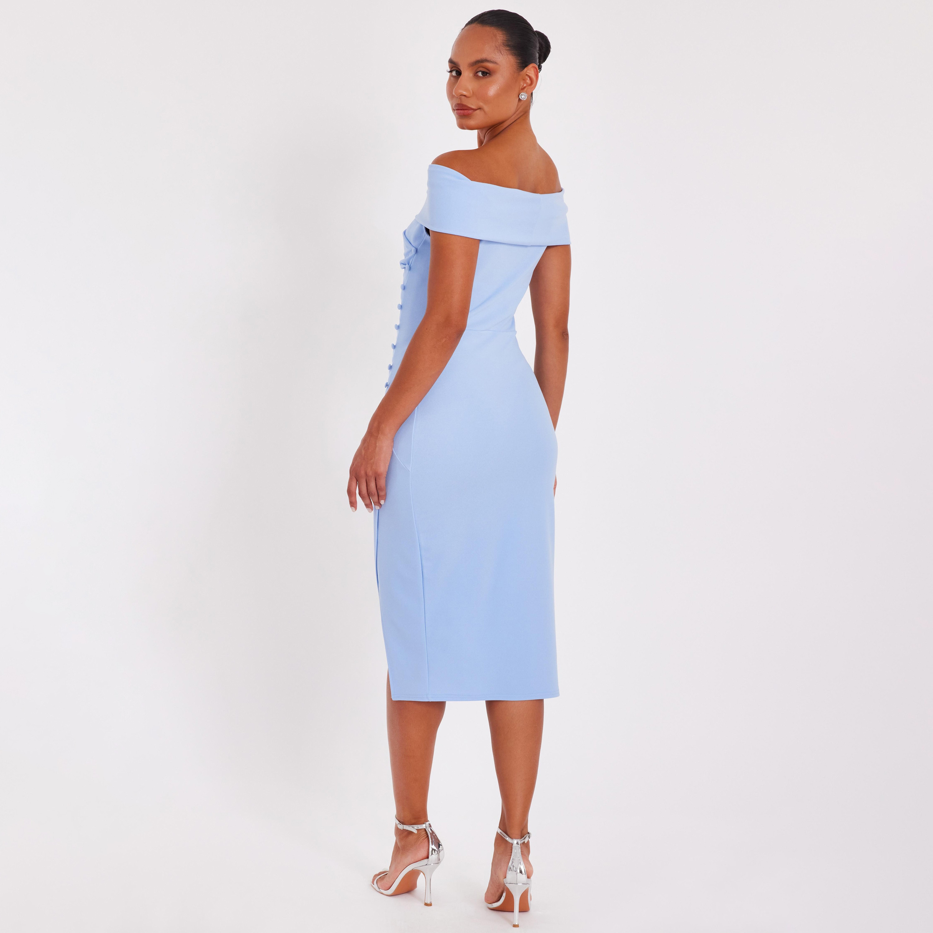 Quiz Ruched Scuba Crepe Bardot Neck Bodycon Pale Blue Women's Evening Midi Dress-women-clothing-dresses-image-3