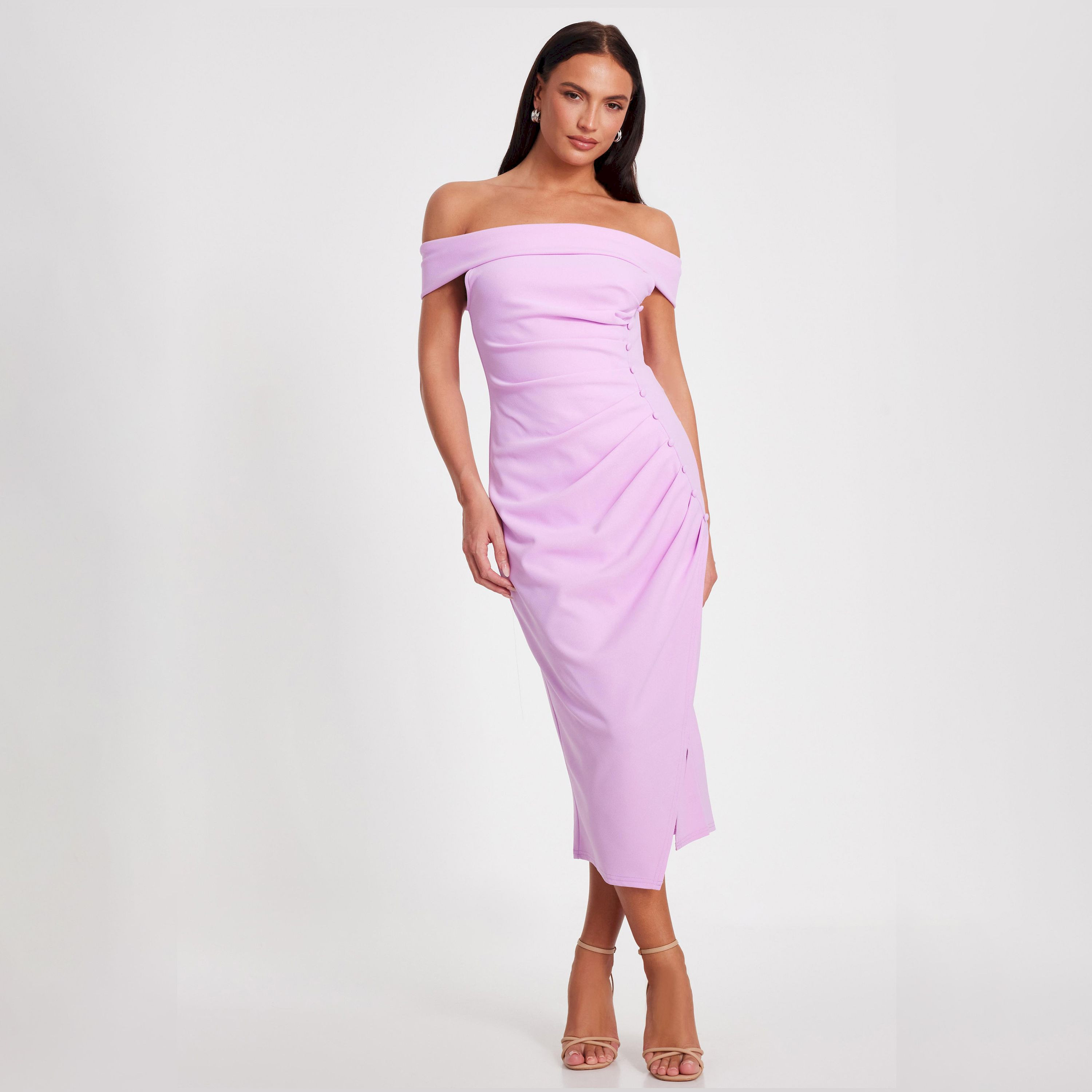كويز-  فستان متوسط ​​الطول من قماش الكريب سكوبا أرجواني اللون مع كشكشة جانبية-women-clothing-dresses-image-1