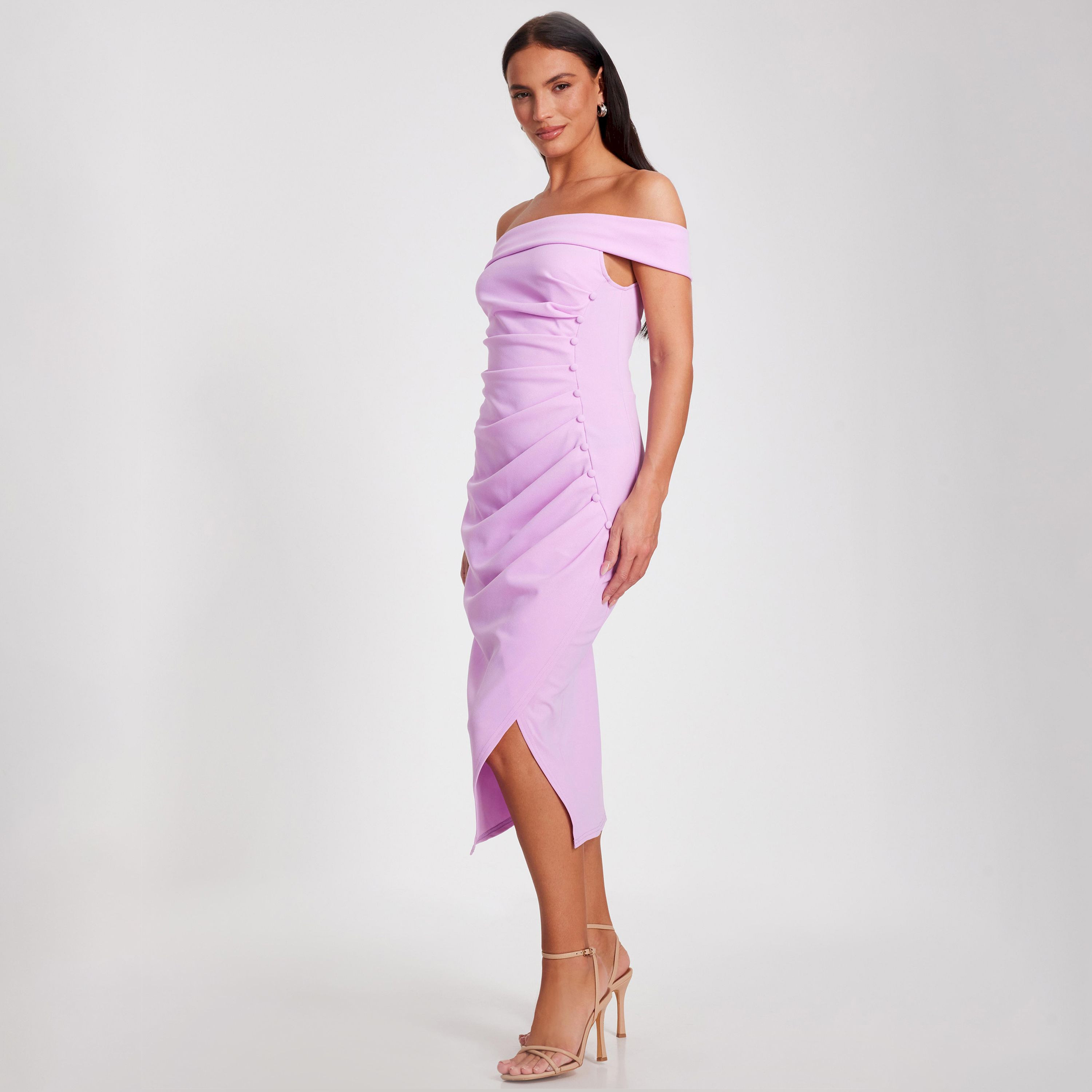 كويز-  فستان متوسط ​​الطول من قماش الكريب سكوبا أرجواني اللون مع كشكشة جانبية-women-clothing-dresses-image-2