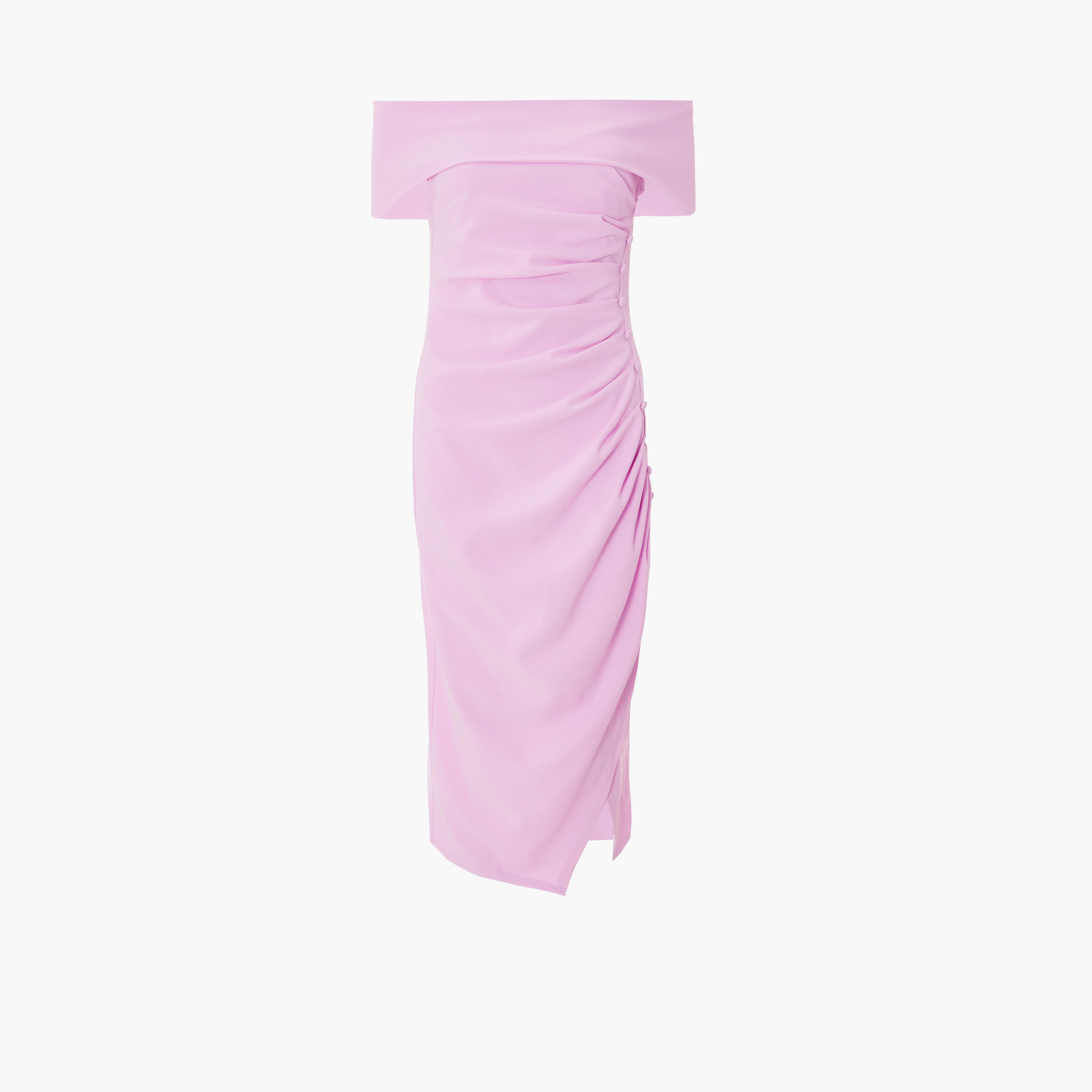 كويز-  فستان متوسط ​​الطول من قماش الكريب سكوبا أرجواني اللون مع كشكشة جانبية-women-clothing-dresses-image-4