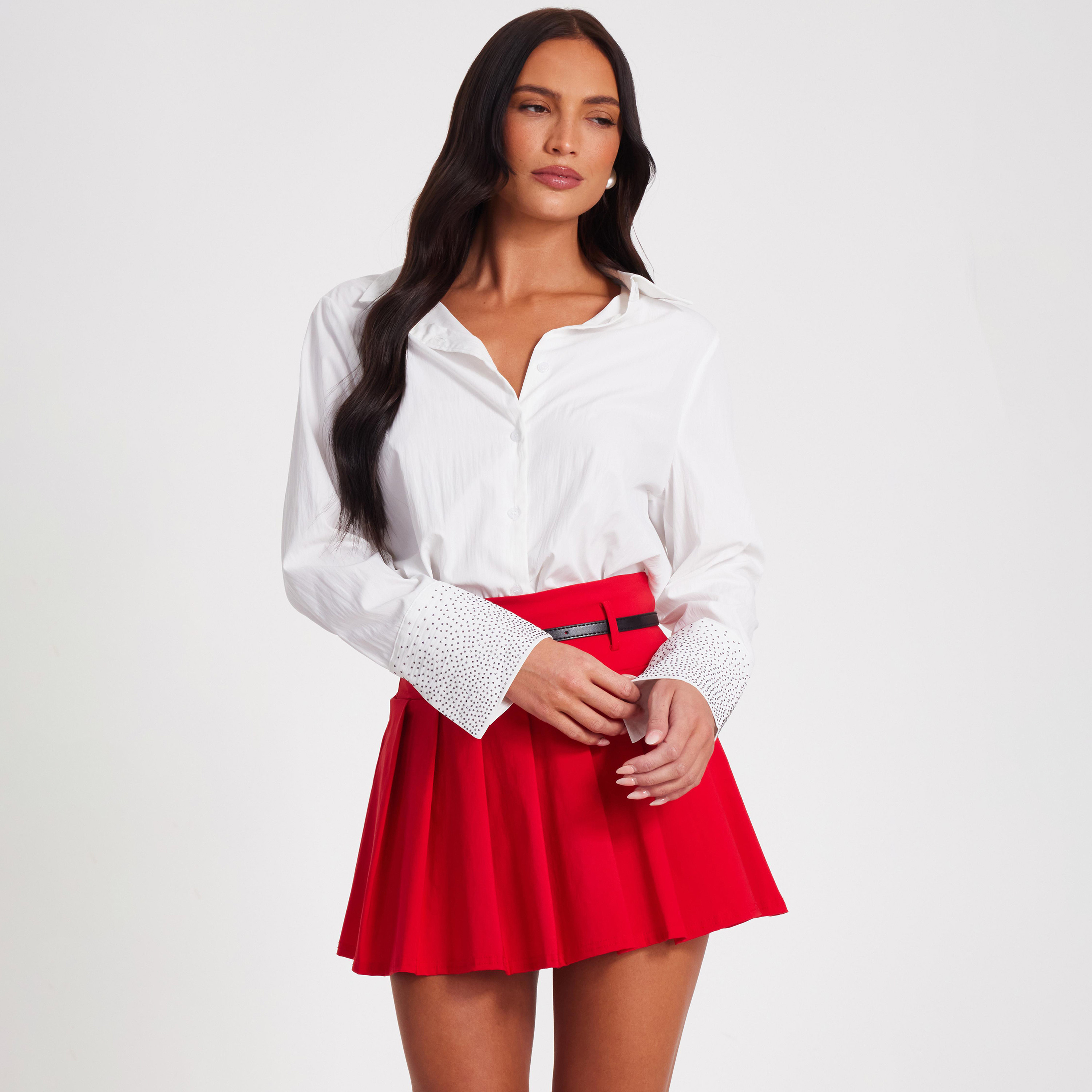 Quiz White Cotton Diamante Cuff Detail Shirt-women-clothing-shirtsandblouses-shirts-image-1