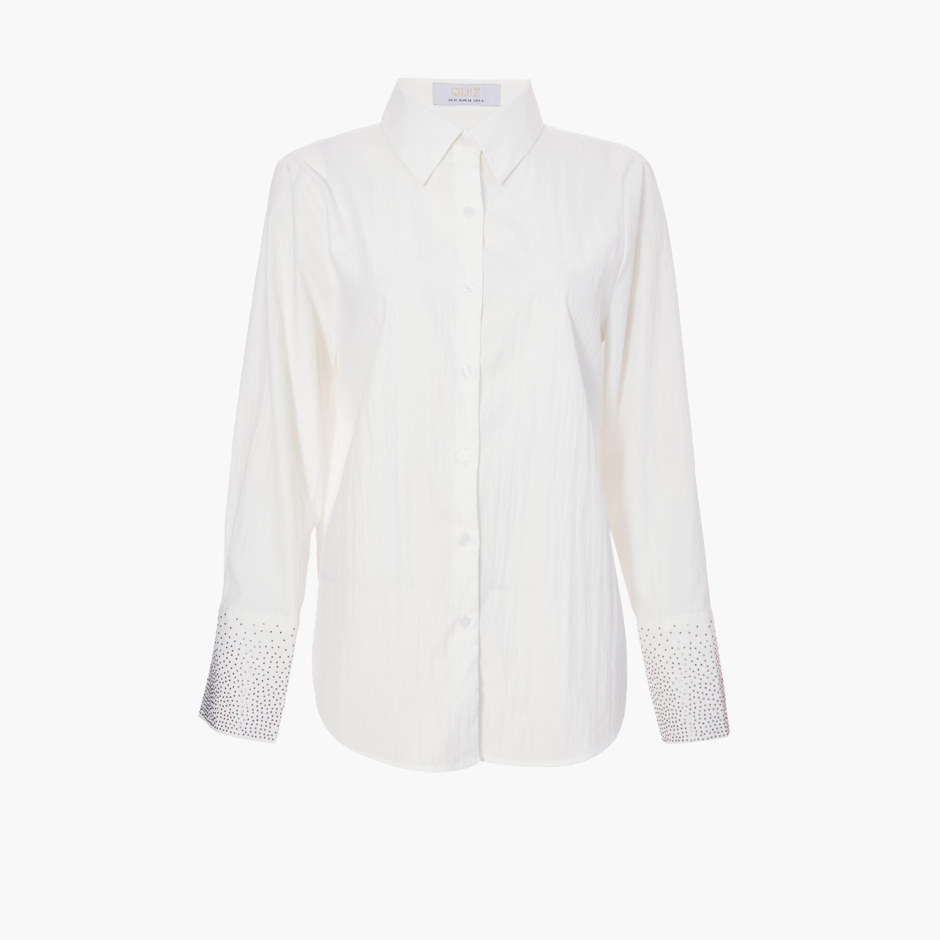 كويز-  قميص أبيض من القطن بتفاصيل أساور الماسية-women-clothing-shirtsandblouses-shirts-image-5