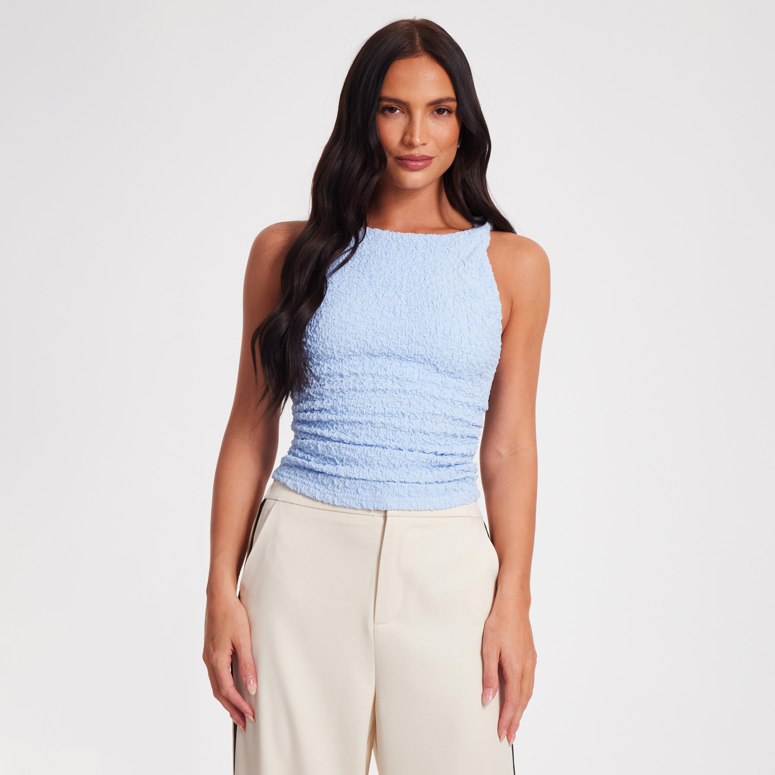 Quiz Light Blue Textured Mesh Twist Detail Top-women-clothing-shirtsandblouses-blouses-image-1