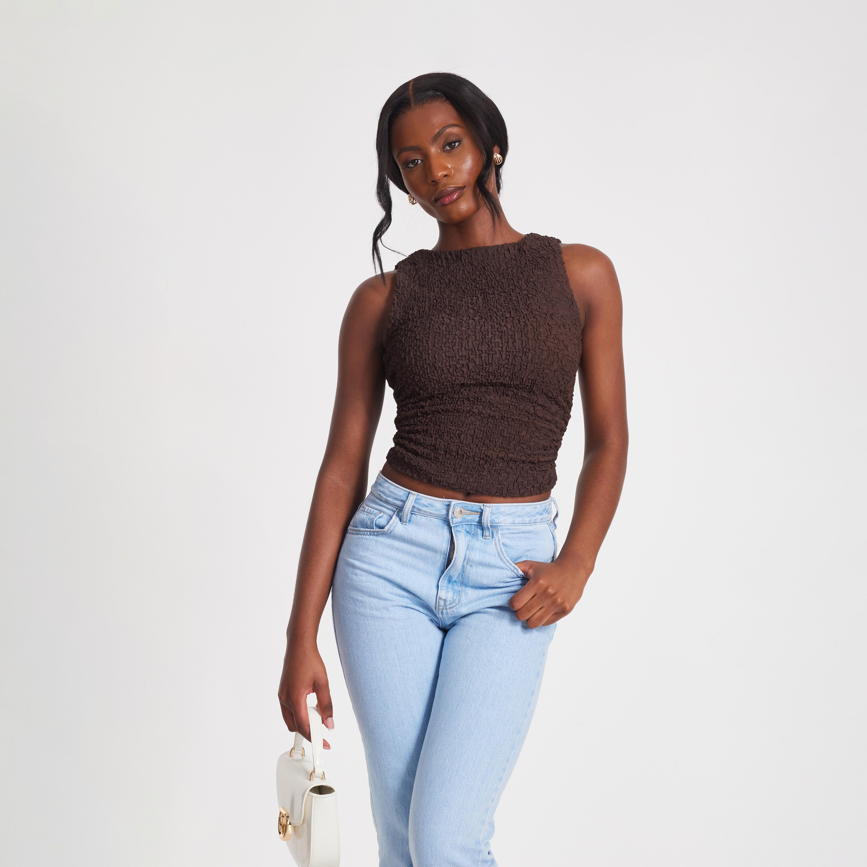 كويز-  قميص بتفاصيل ملتوية قماش شبكي مزخرف لون بني فاتح-women-clothing-shirtsandblouses-blouses-image-1