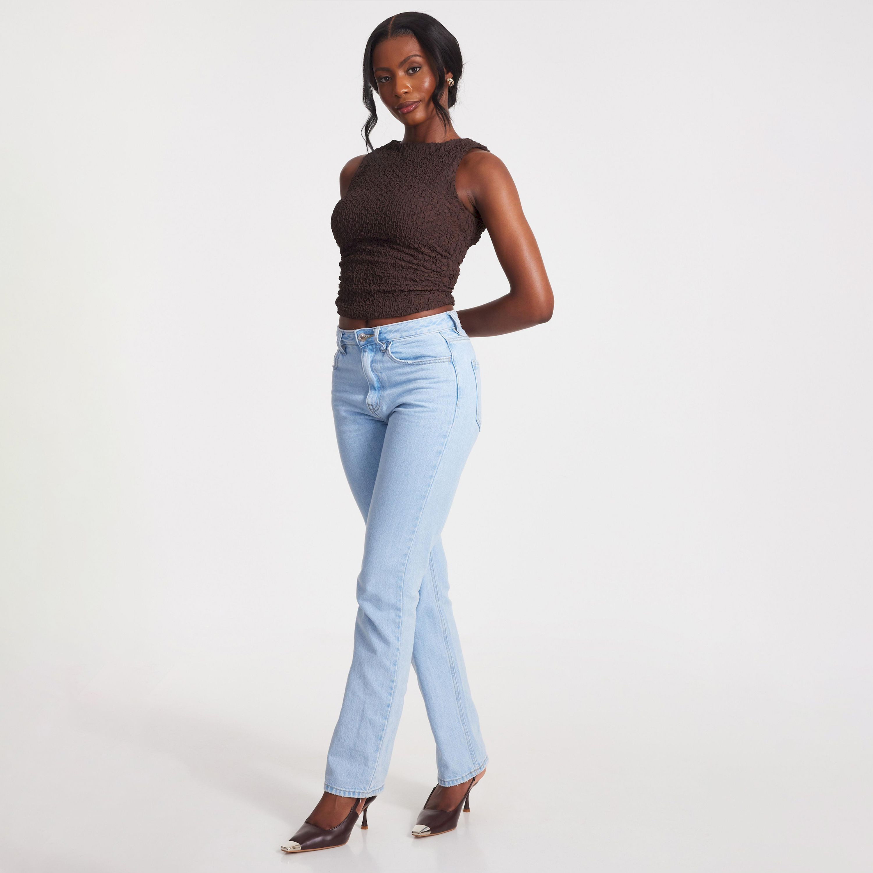 Quiz Mocha Textured Mesh Twist Detail Top-women-clothing-shirtsandblouses-blouses-image-2