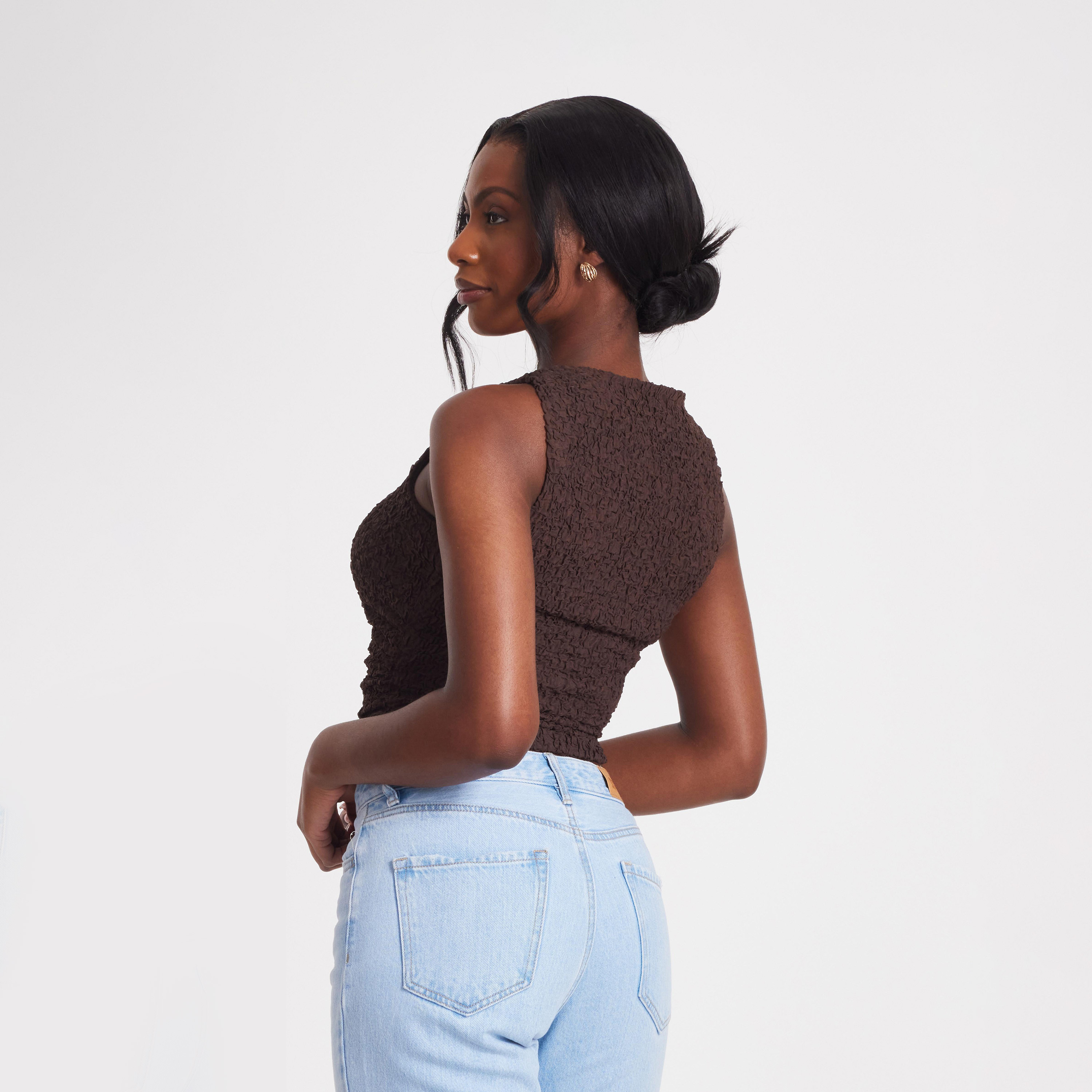 Quiz Mocha Textured Mesh Twist Detail Top-women-clothing-shirtsandblouses-blouses-image-3