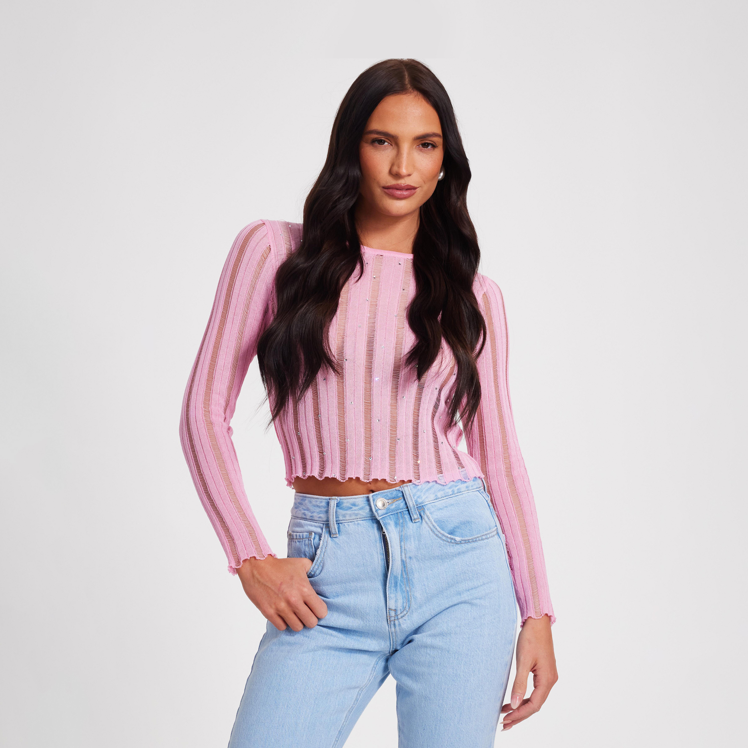 كويز-  بلوزة وردية بأكمام طويلة من قماش لادر أحجار زينة صناعية-women-clothing-cardigansandjumpers-jumpers-image-6