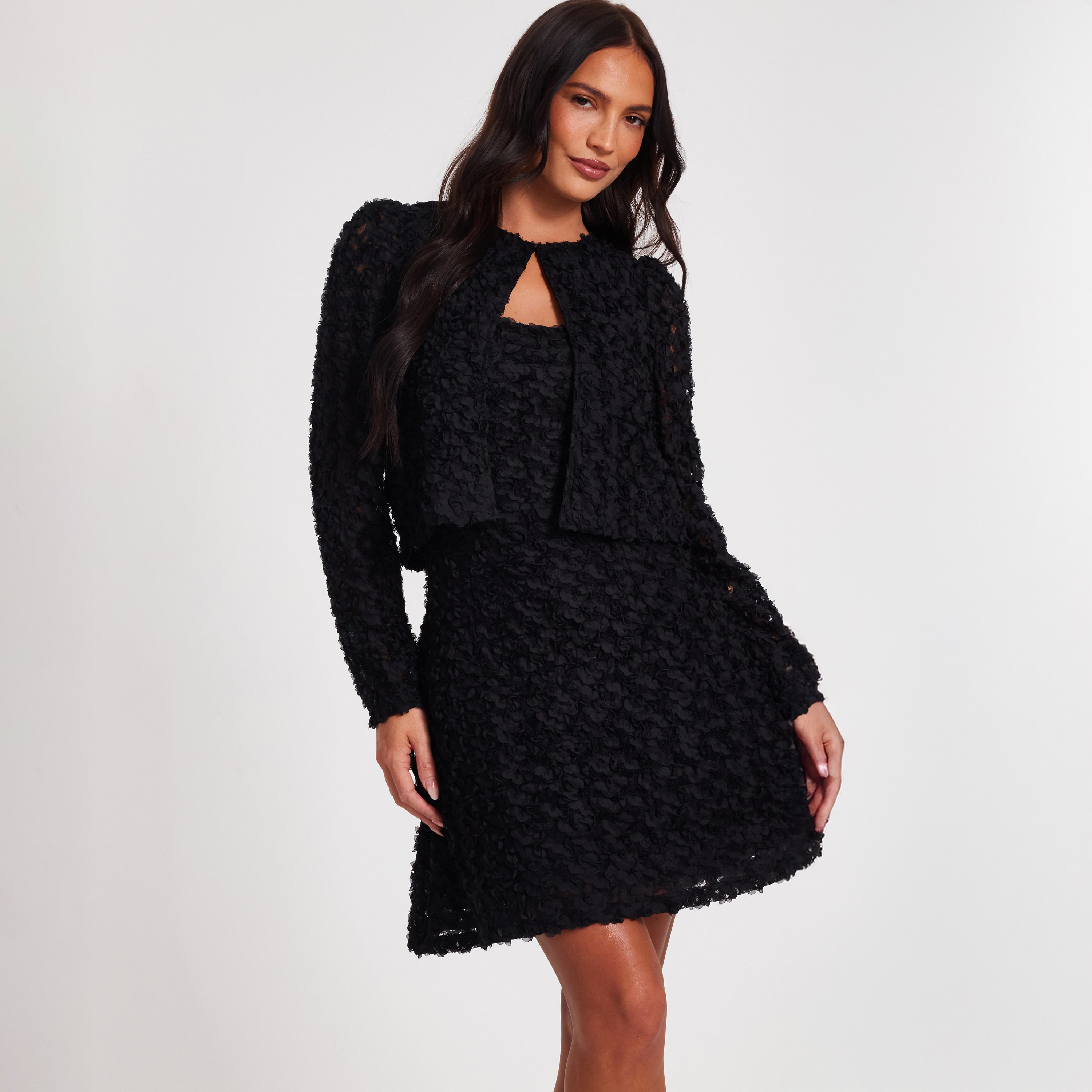 Quiz Black 3D Chiffon Floral Crop Jacket-women-winterwear-coatsandjackets-jackets-image-1