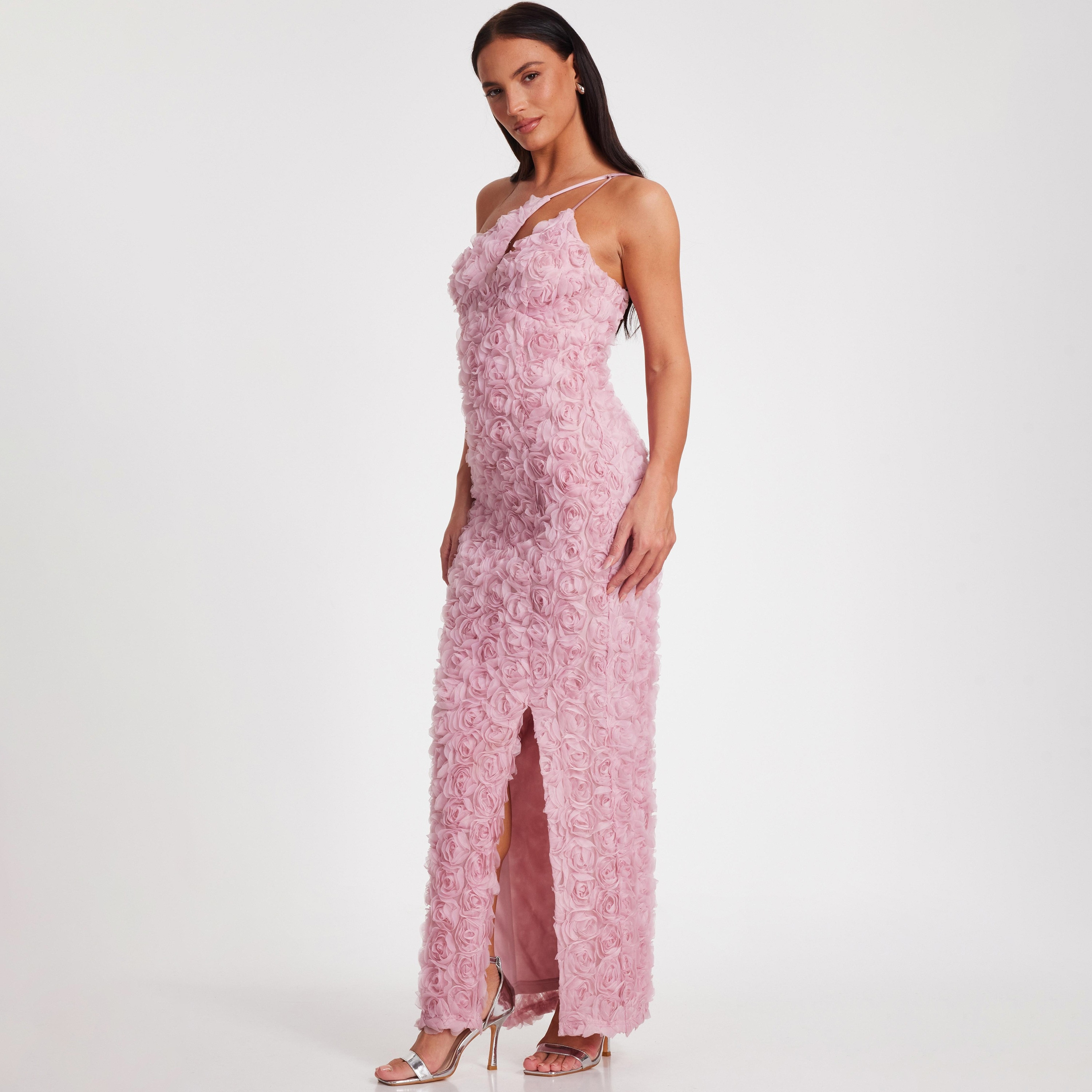فستان ماكسي سهرة وردي اللون للنساء من الشيفون بكتف واحد من كويز-women-clothing-dresses-image-1