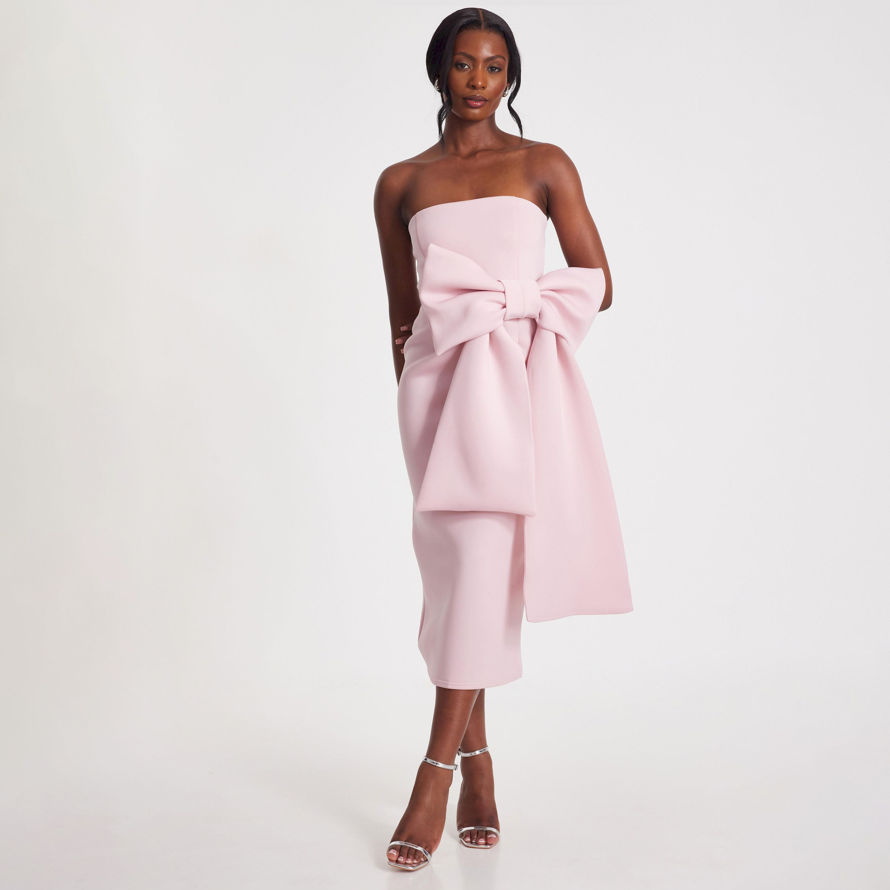 Quiz Pale Pink Strapless Bow-Detail Women's Evening Wear Midaxi Dress-women-clothing-dresses-image-1