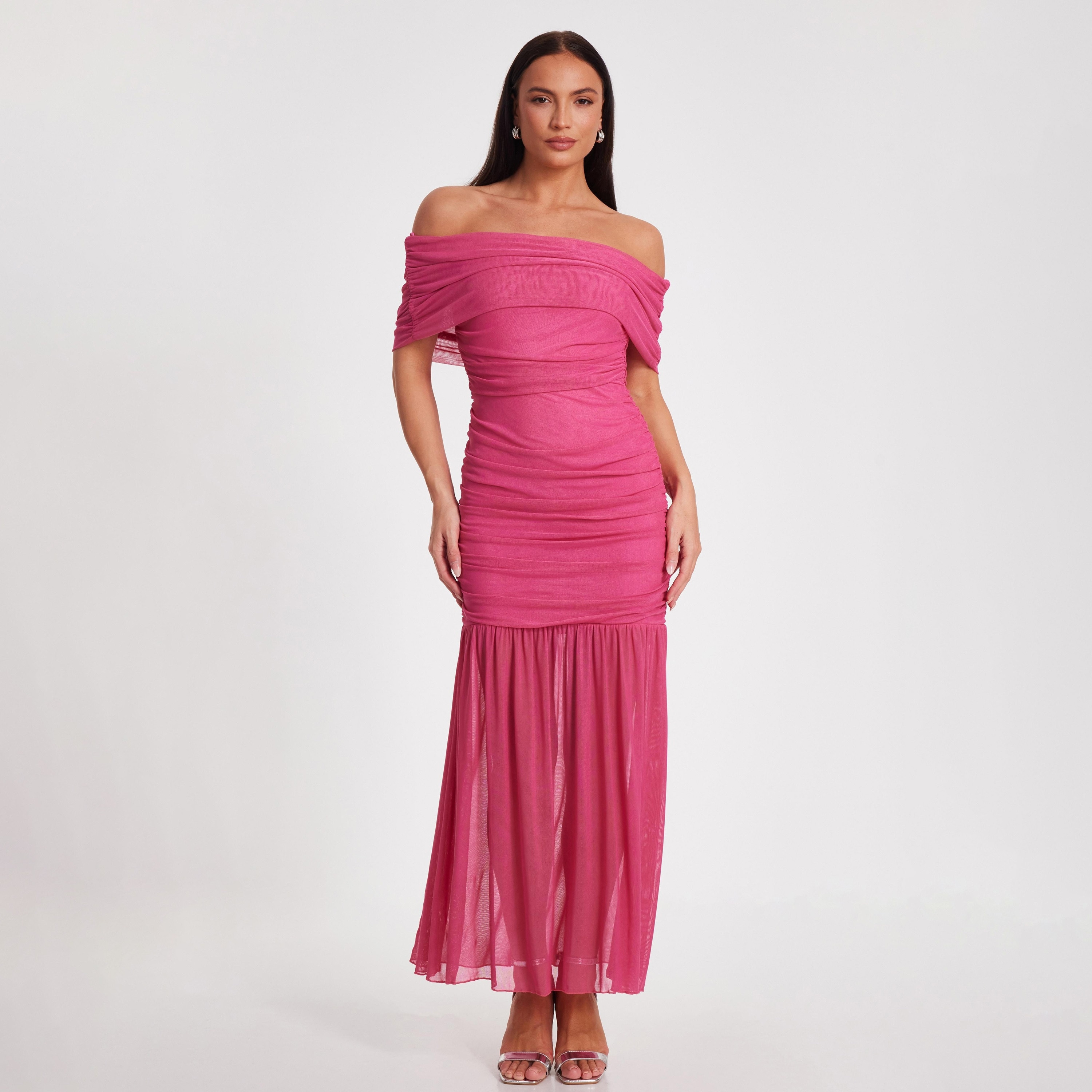 فستان ميداكسي نسائي وردي فاتح مكشوف الكتفين من كويز-women-clothing-dresses-image-1