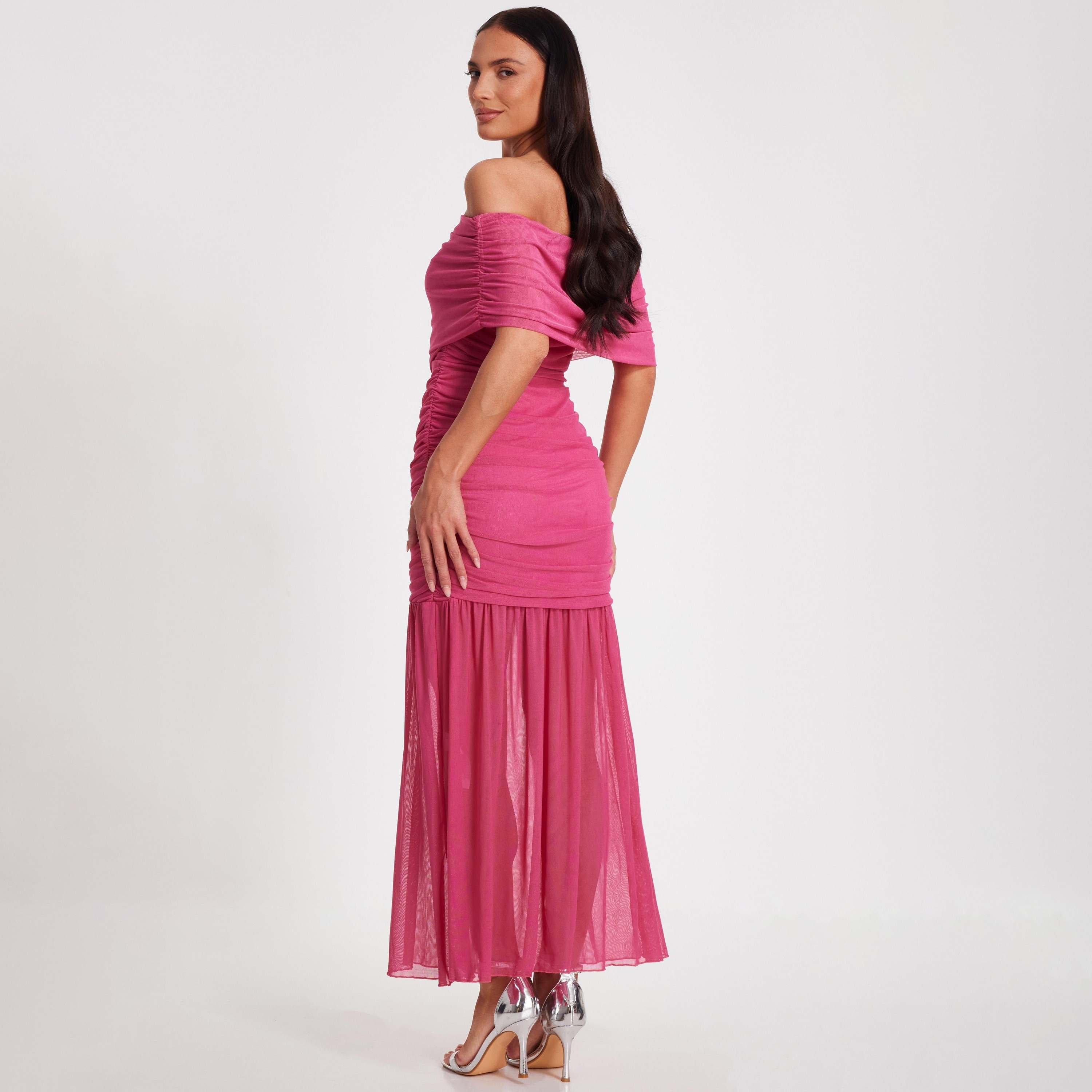 Quiz Mesh Off Shoulder Hot Pink Women Midaxi Dress-women-clothing-dresses-image-3