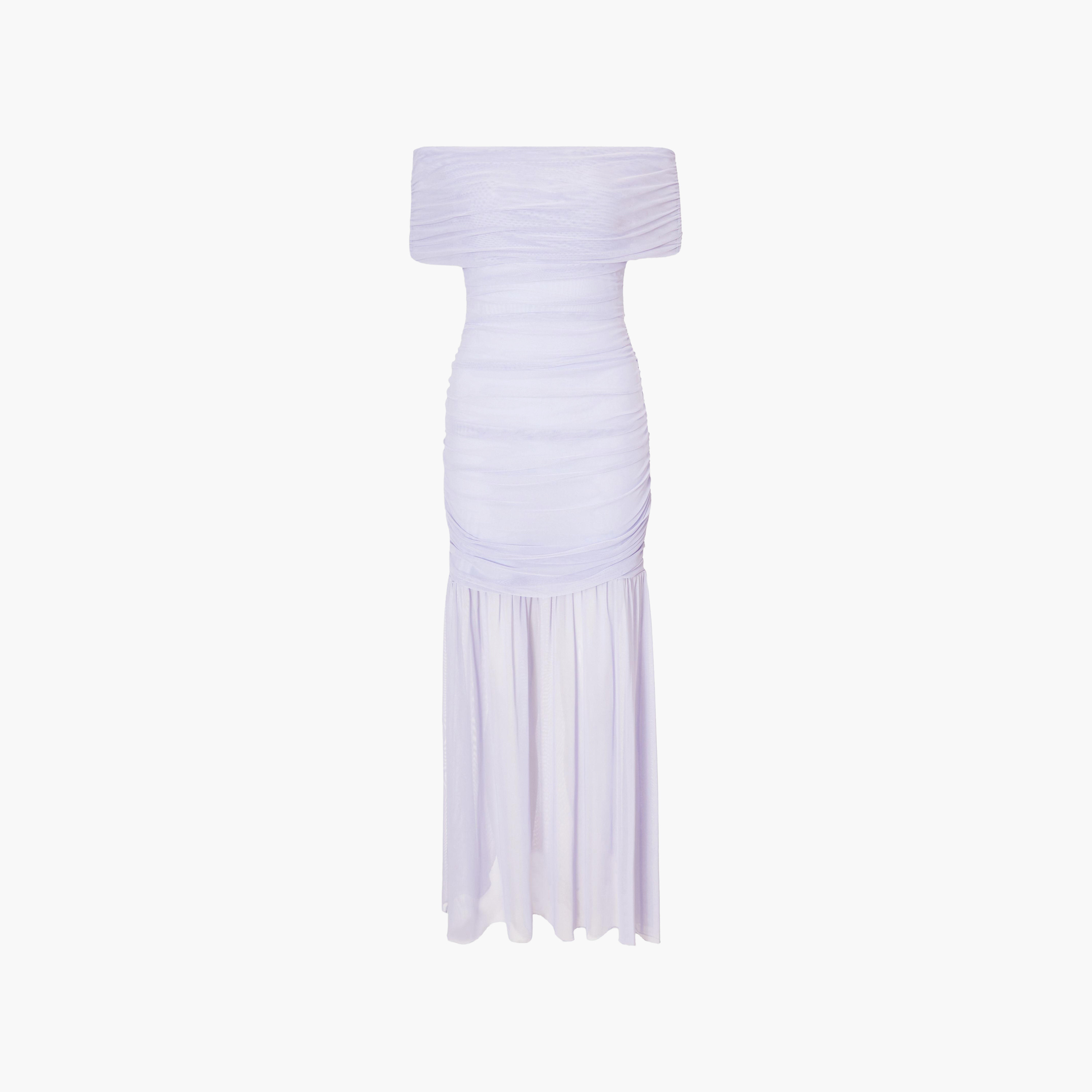 فستان نسائي "ميرميد" بفتحة رقبة "باردو" من القماش الشبكي المزموم - لافندر من كويز-women-clothing-dresses-image-5