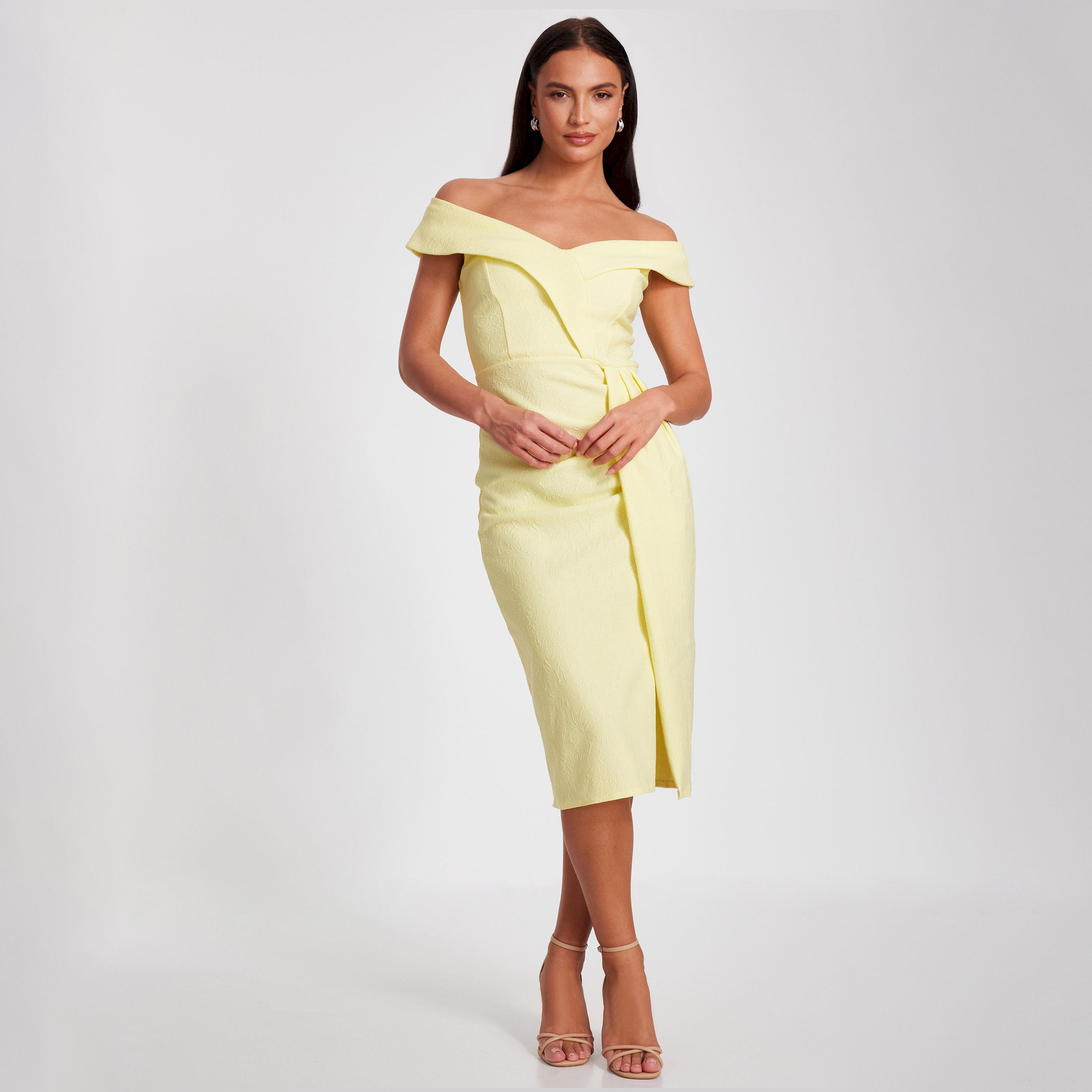 كويز-  فستان متوسط ​​الطول من قماش الجاكار لون أصفر فاتح-women-clothing-dresses-image-1