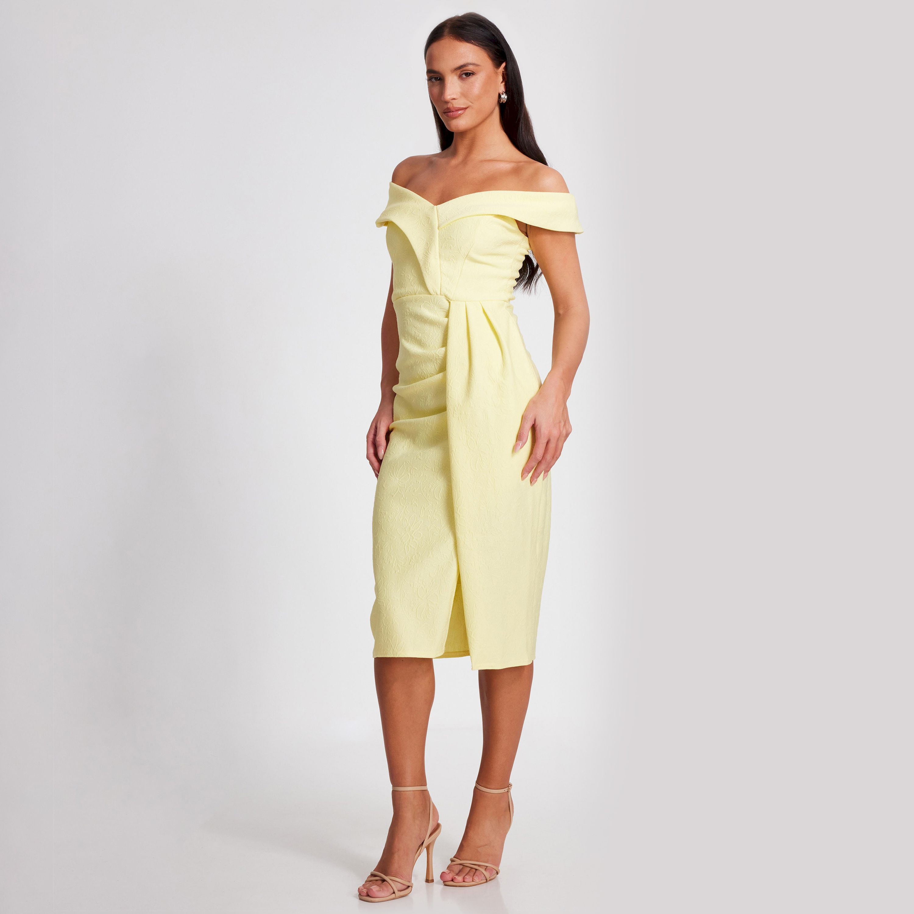 كويز-  فستان متوسط ​​الطول من قماش الجاكار لون أصفر فاتح-women-clothing-dresses-image-2
