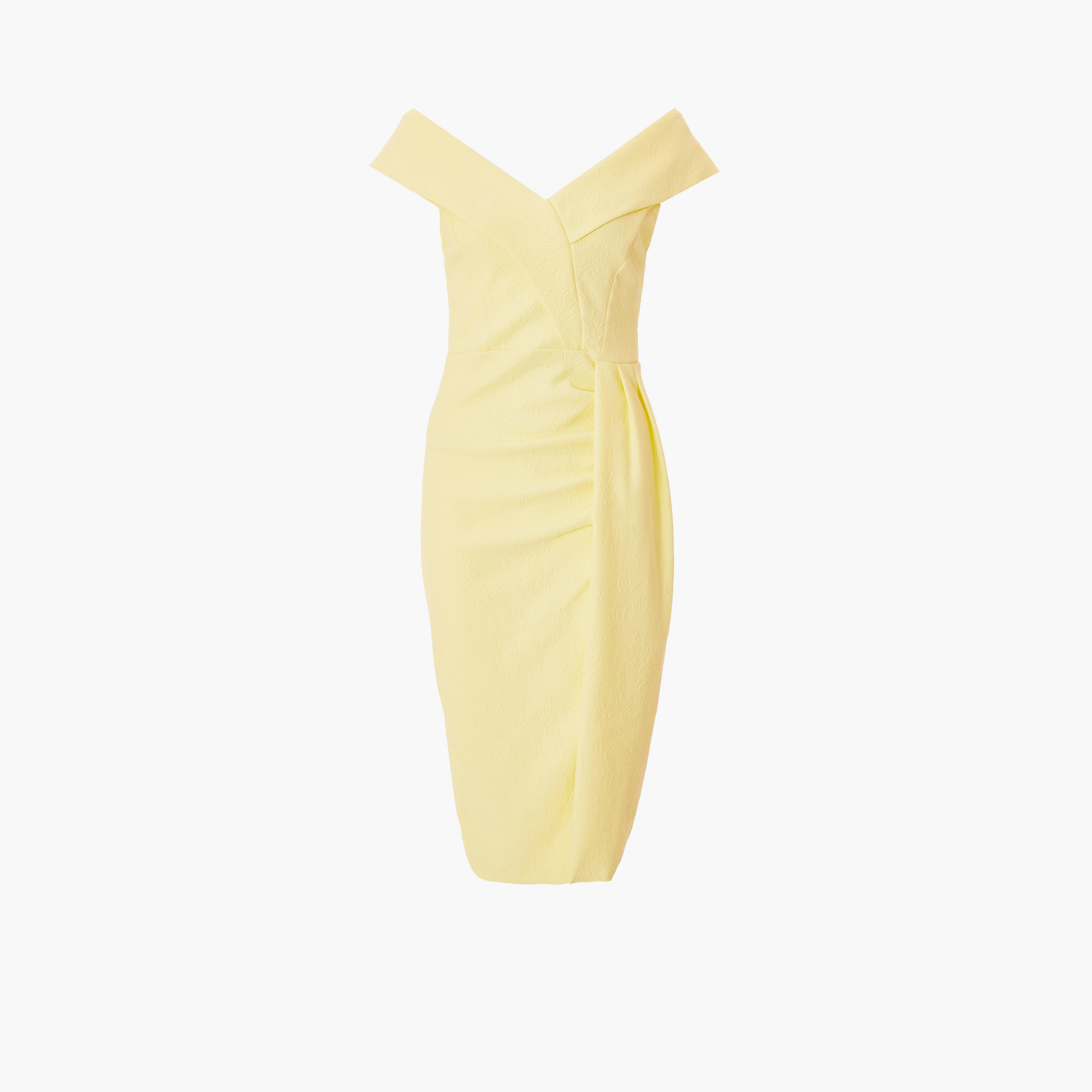كويز-  فستان متوسط ​​الطول من قماش الجاكار لون أصفر فاتح-women-clothing-dresses-image-4