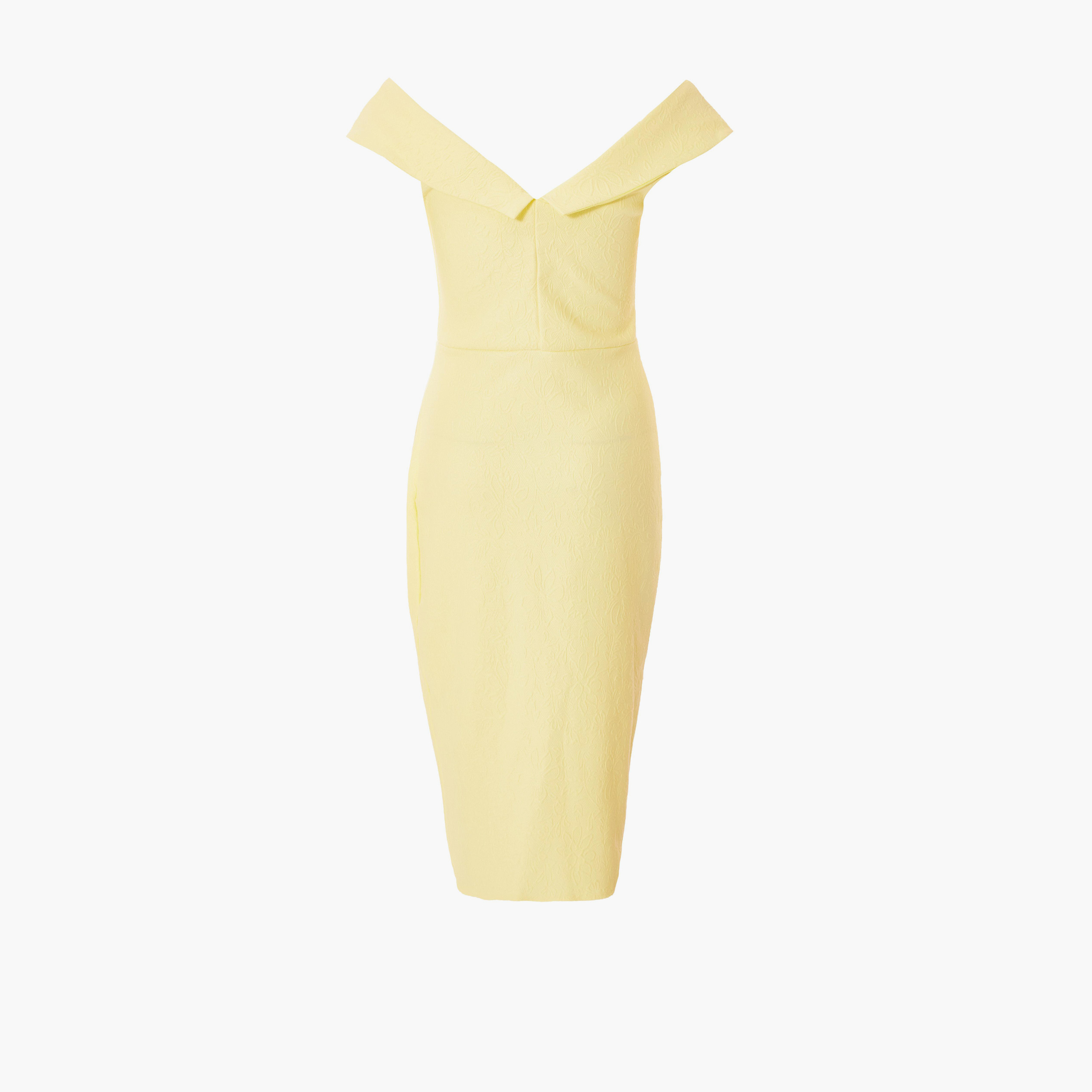 كويز-  فستان متوسط ​​الطول من قماش الجاكار لون أصفر فاتح-women-clothing-dresses-image-5