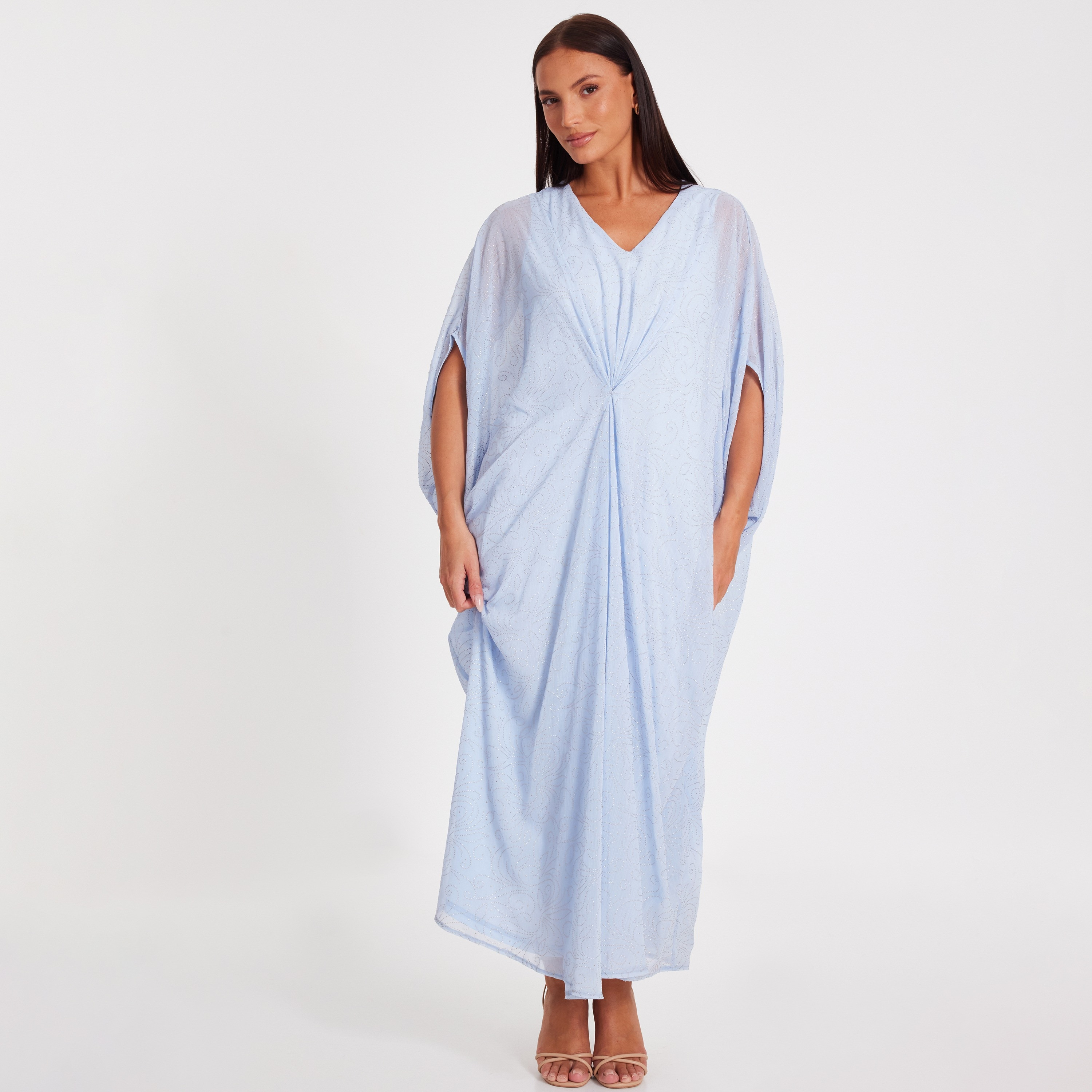 Quiz Draped Rhinestone Chiffon Batwing Sleeves Blue Women's Maxi Kaftan-women-clothing-dresses-image-1