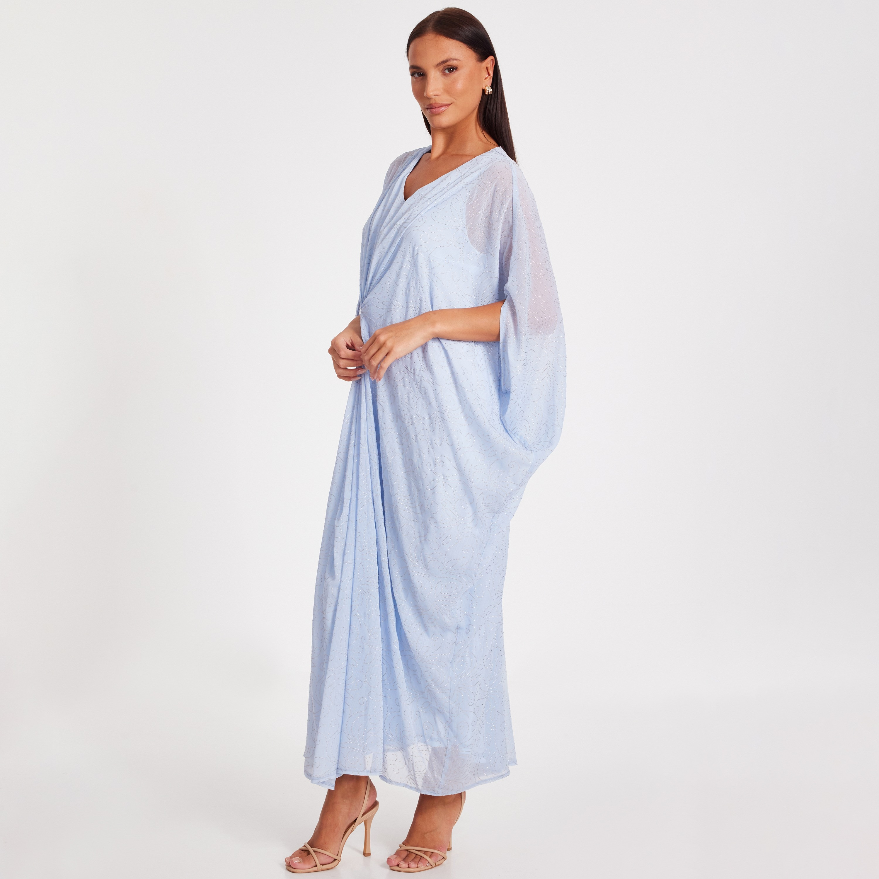 Quiz Draped Rhinestone Chiffon Batwing Sleeves Blue Women's Maxi Kaftan-women-clothing-dresses-image-2