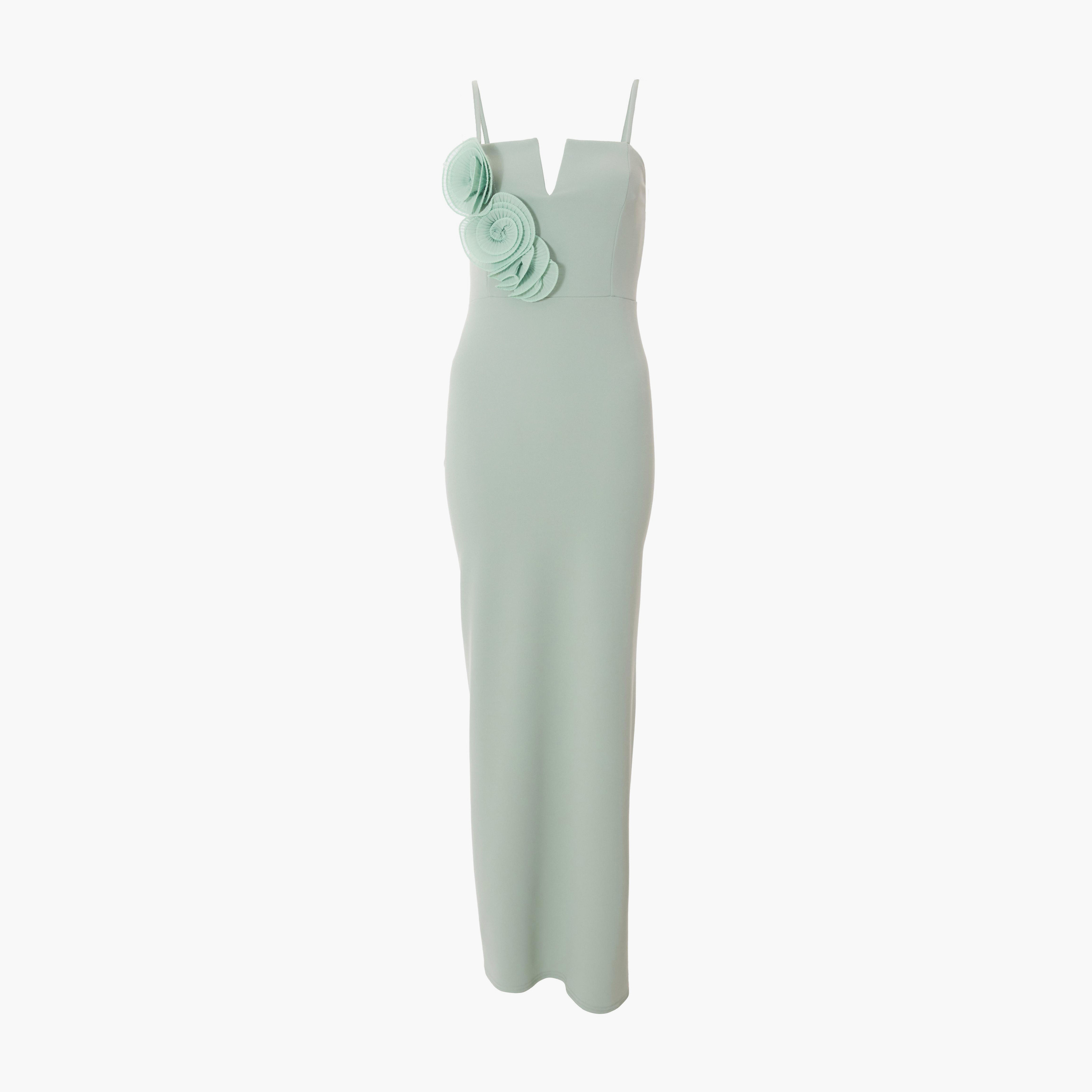 كويز-  فستان ماكسي من قماش الكريب الرمادي الفاتح بتفاصيل تطريز ثلاثي الأبعاد-women-clothing-dresses-image-5