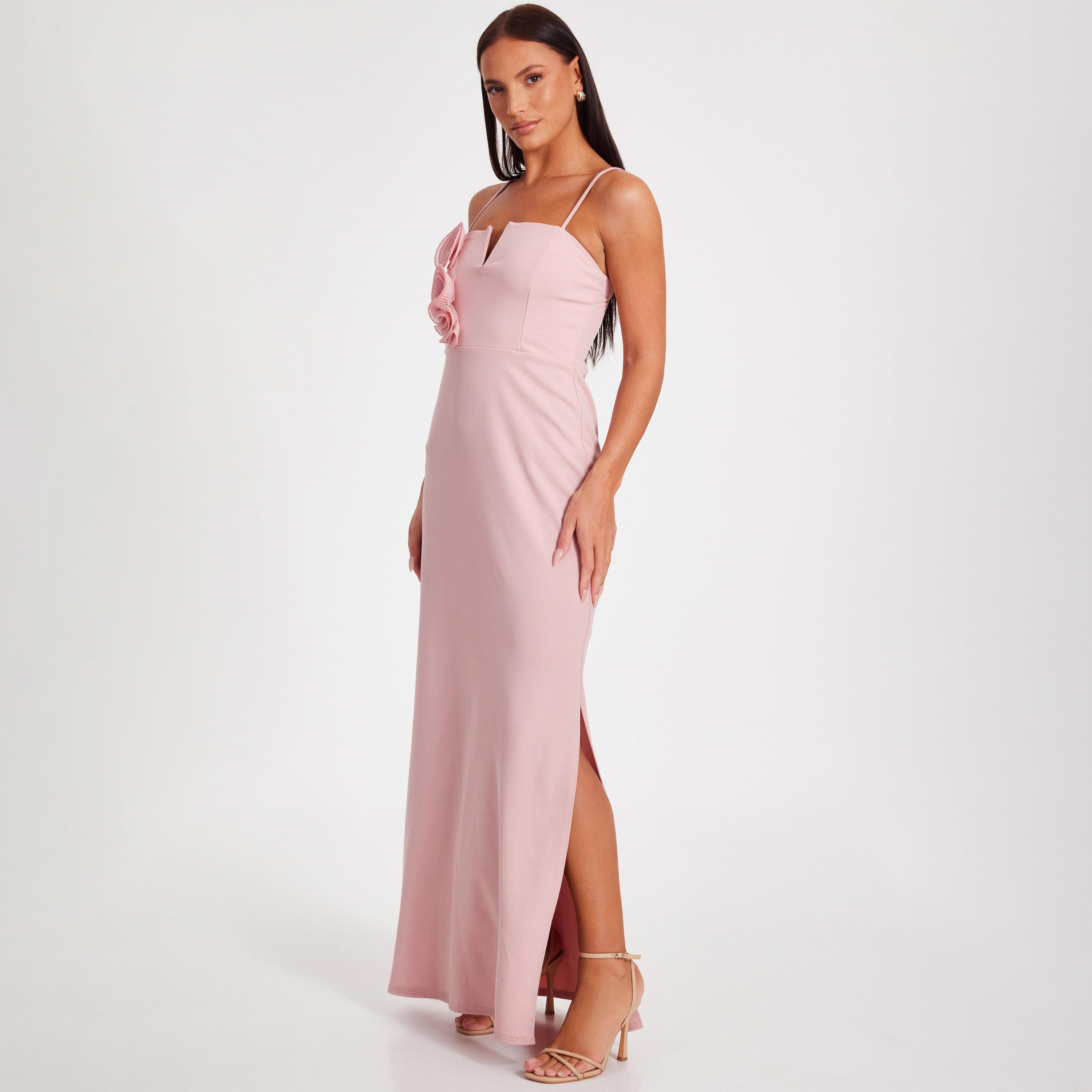 فستان ماكسي نسائي وردي فاتح من قماش الكريب سكوبا مع حزام كتف من كويز-women-clothing-dresses-image-2