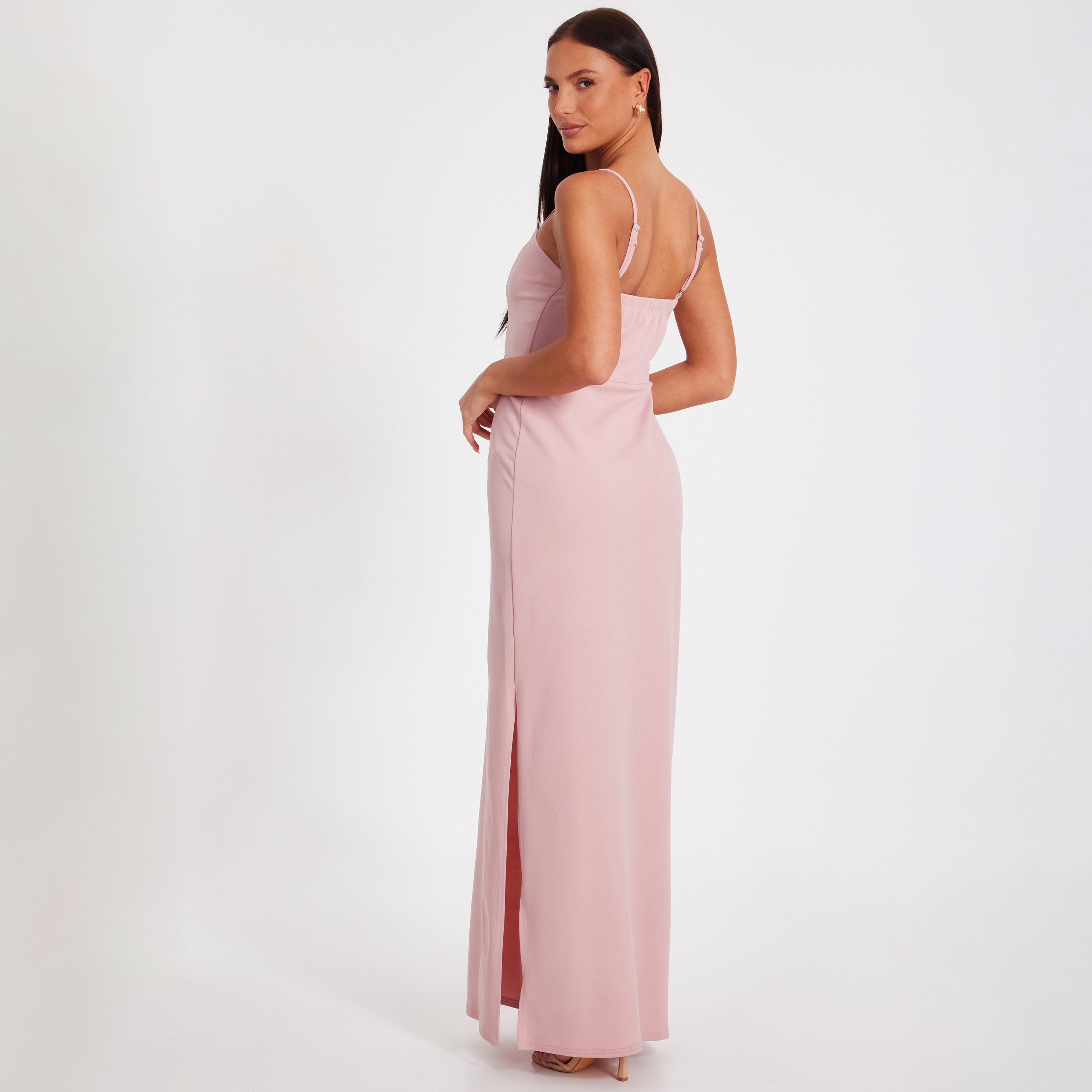 فستان ماكسي نسائي وردي فاتح من قماش الكريب سكوبا مع حزام كتف من كويز-women-clothing-dresses-image-3
