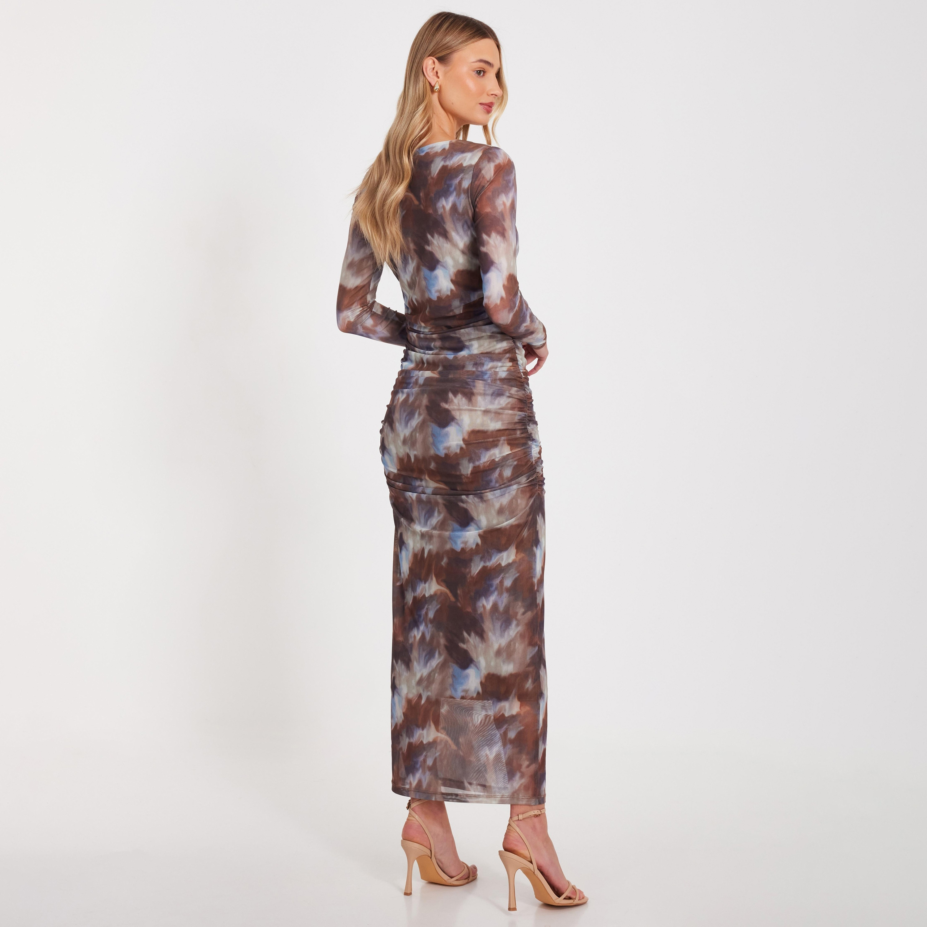 Quiz Abstract Mesh Ruched Bodycon Brown Women's Maxi Dress-women-clothing-dresses-image-3